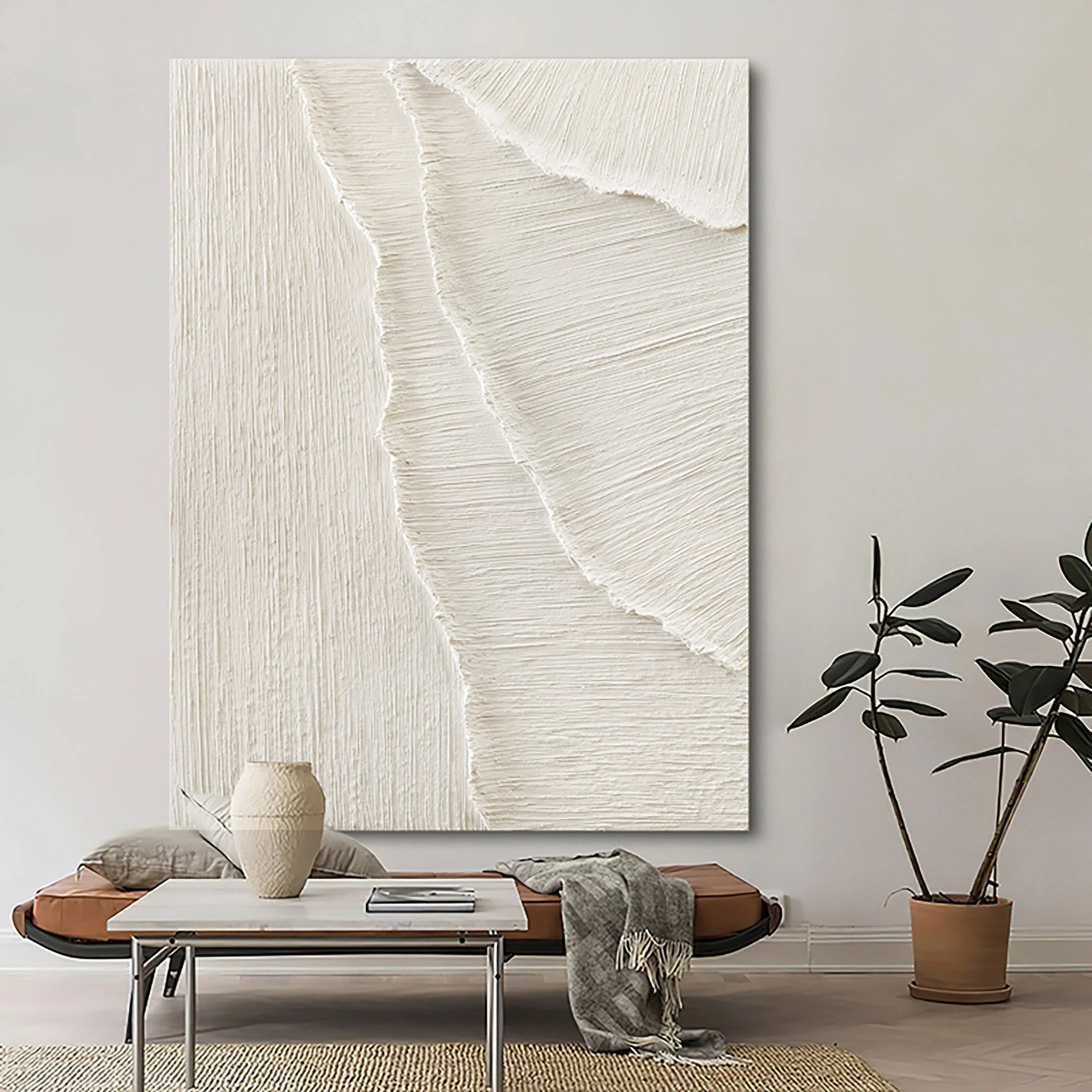 Beige Sea Slap Beach Textured Plaster Framed Canvas, Large Minimalist Wall Artwork for Home Decor