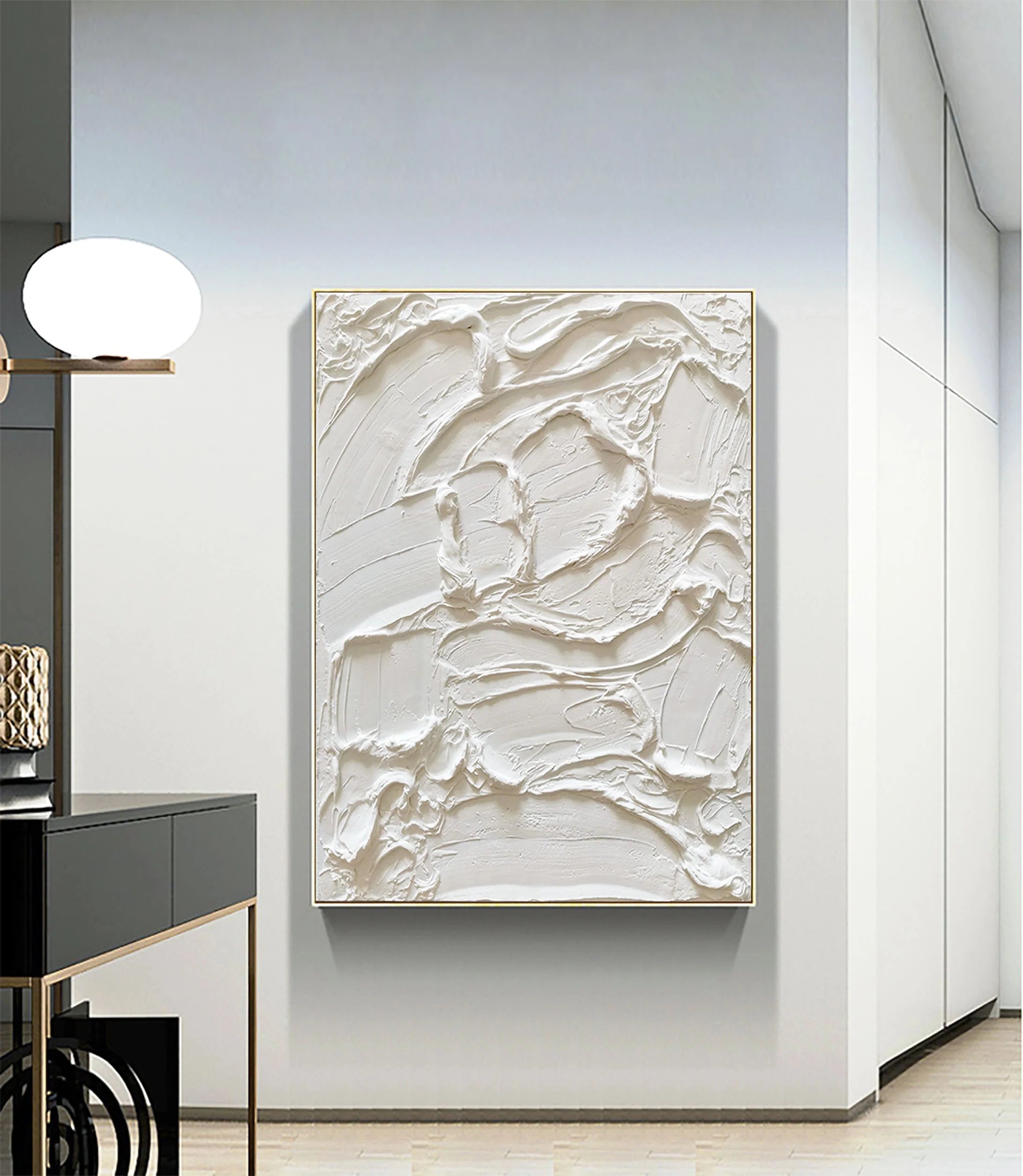 White Textured Plaster Painting Minimalist Handcrafted Wall Decor