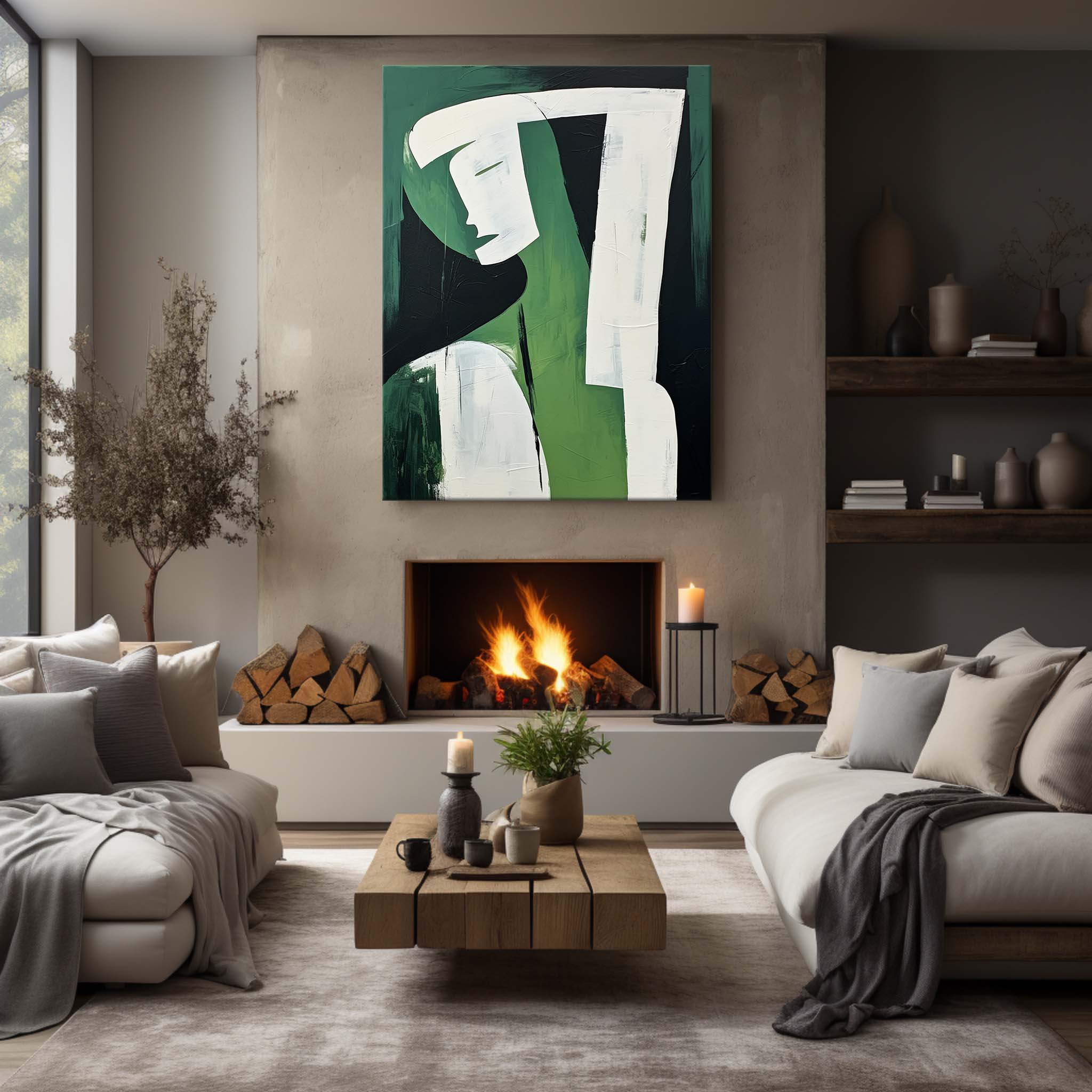 Large White and Green Minimalistic Abstract Wall Art Abstract Woman Art on Canvas Original Artist