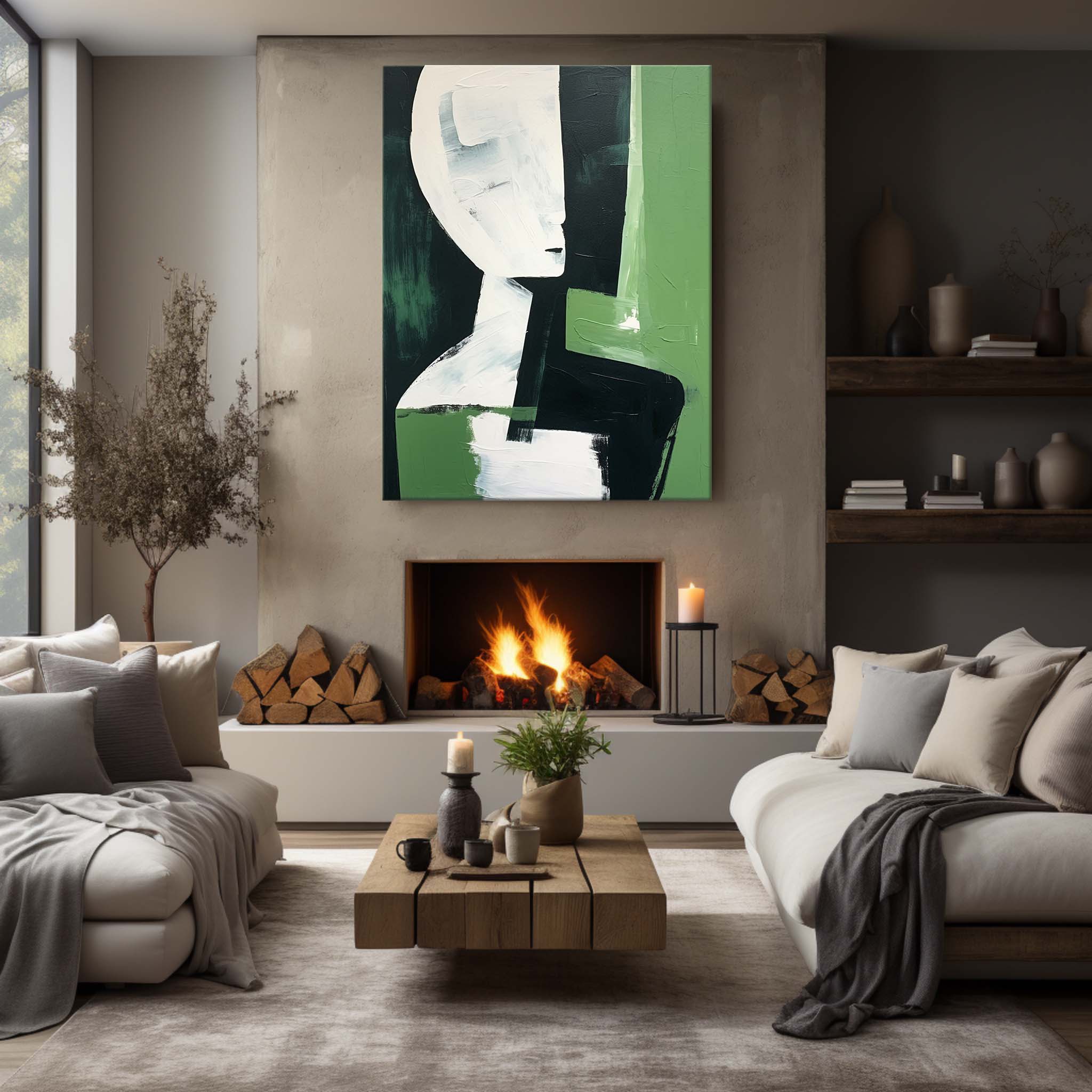 Green And White And Black Abstract Canvas Oil Painting For Sale Contemporary Minimalist Wall Art