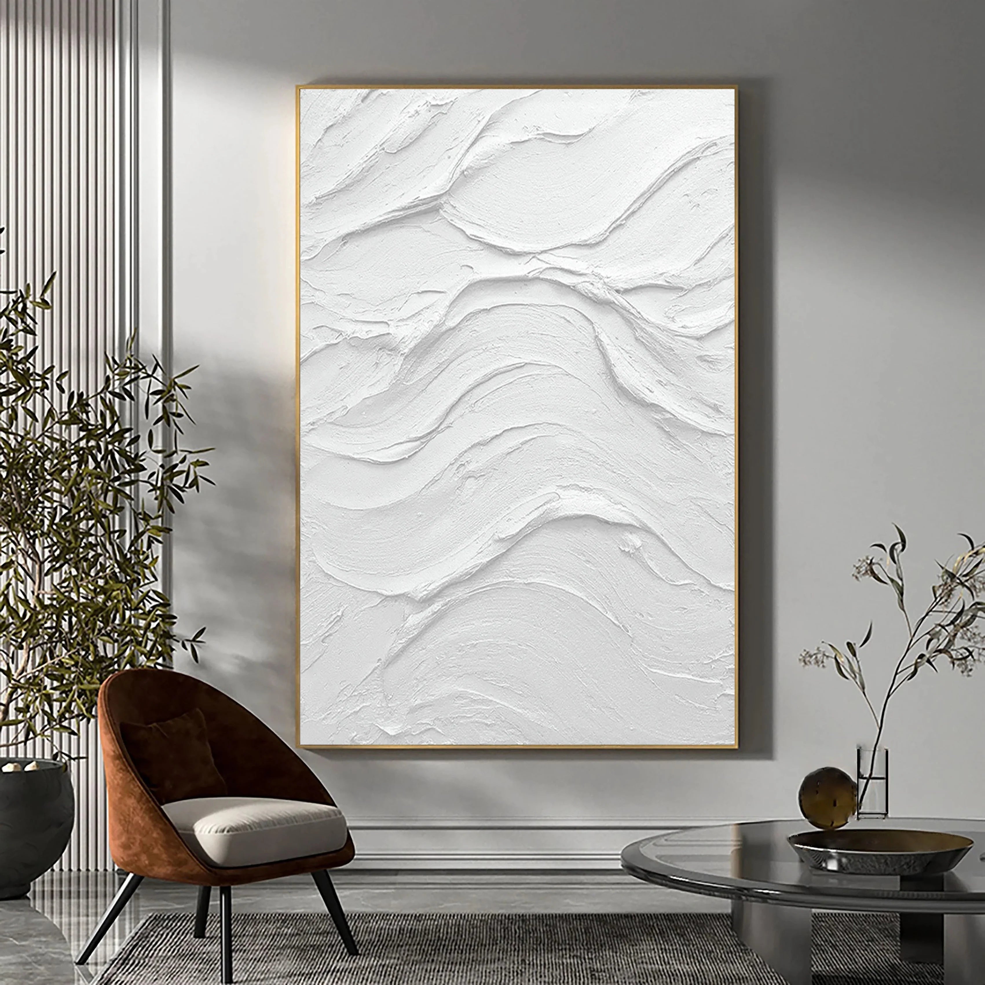 White Minimalist Plaster Painting Large 3D Textured Abstract Wall Art Framed Canvas