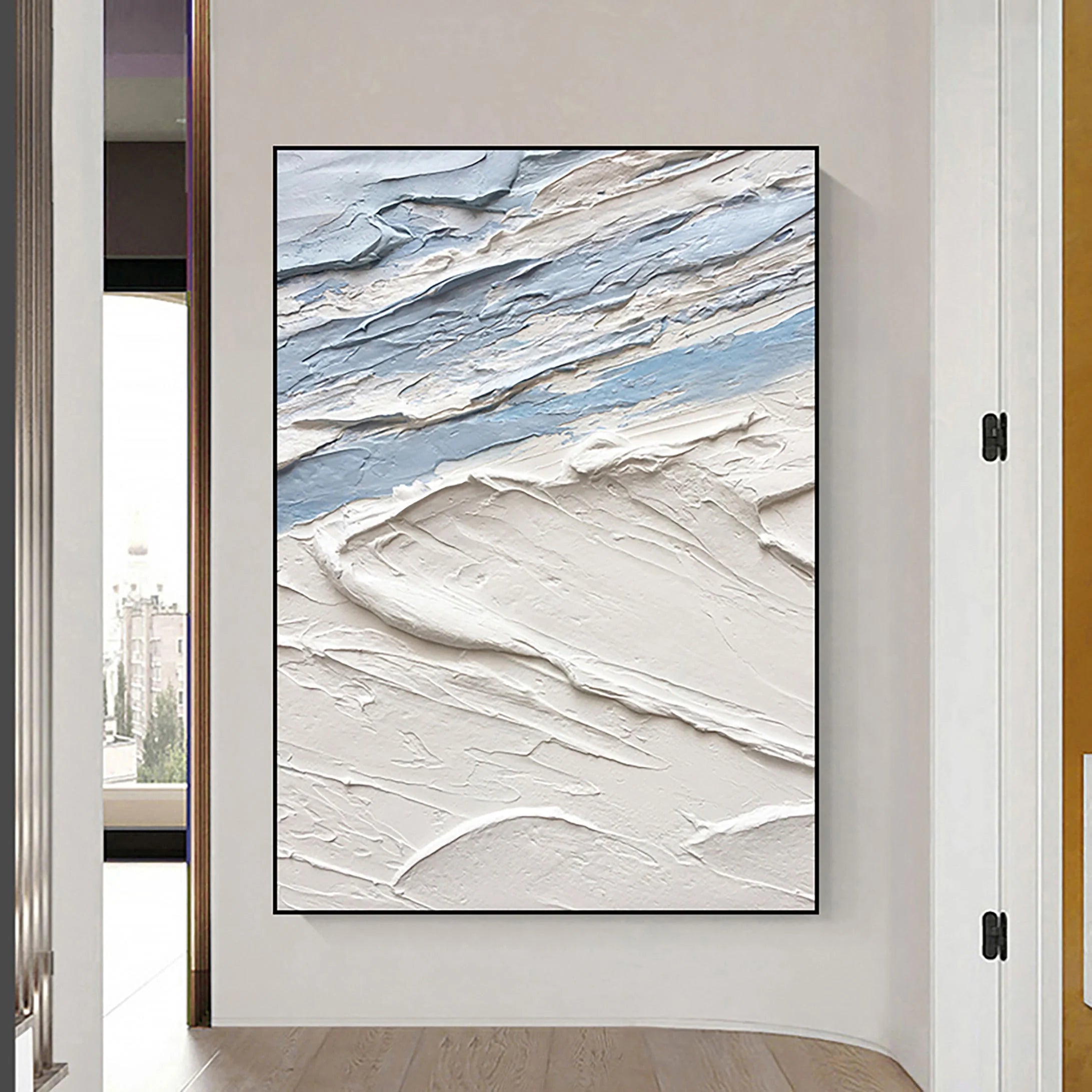 Blue White Textured Sea Slaps Plaster Art Minimalist Painting Wall Decor