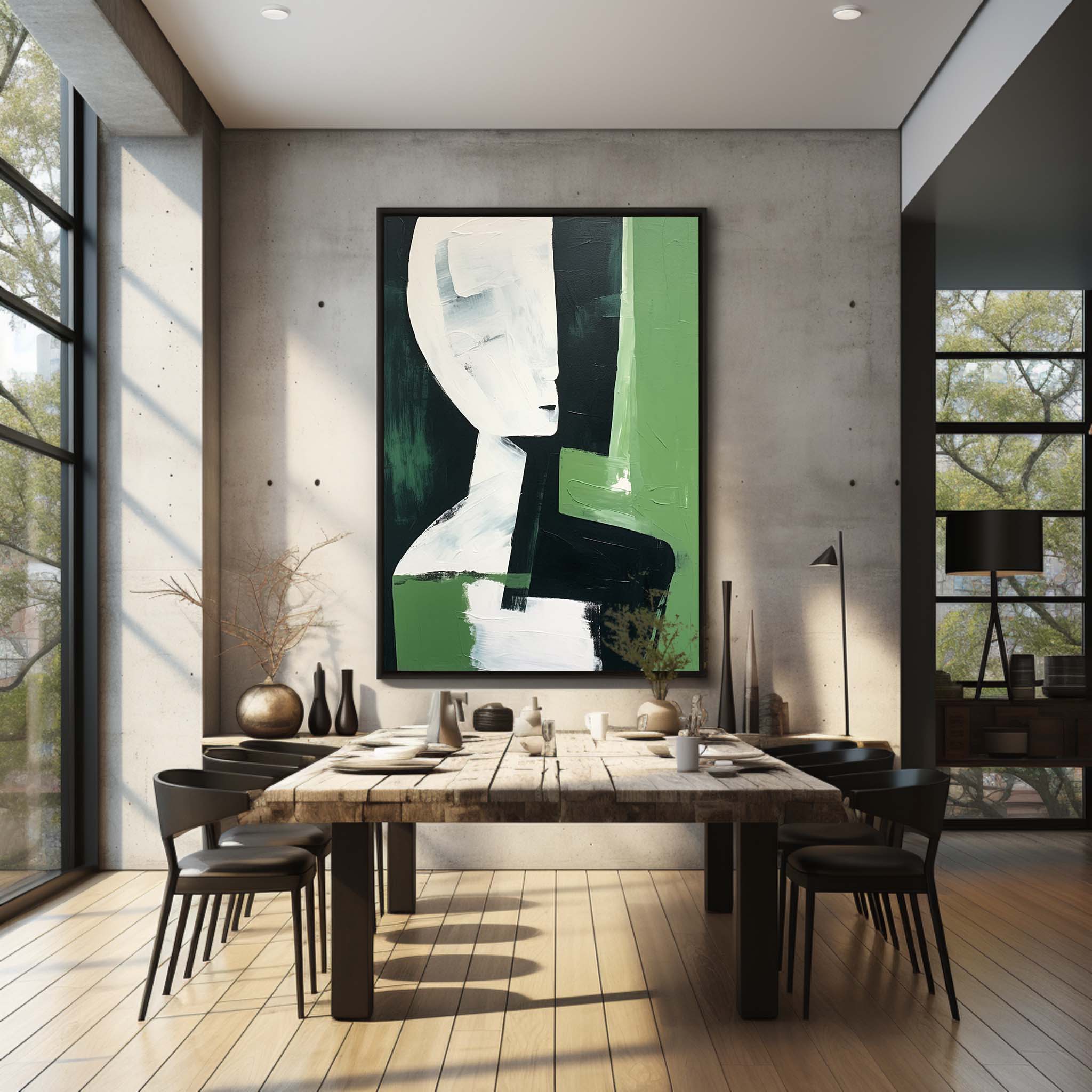 Green And White And Black Abstract Canvas Oil Painting For Sale Contemporary Minimalist Wall Art