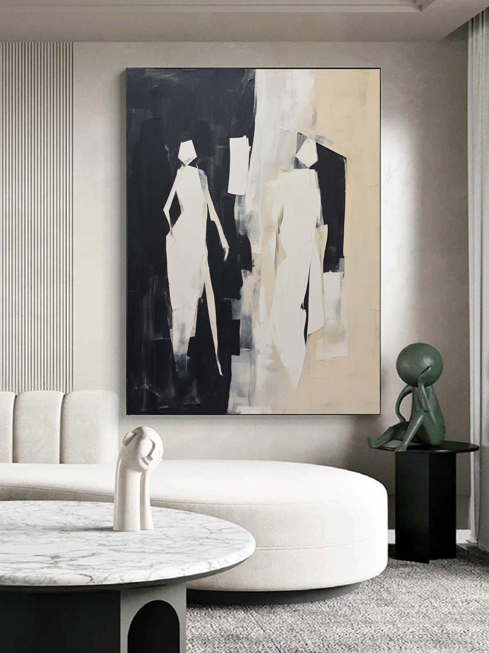 Black and Beige Minimalist Art People Texture Abstract Art Black and Beige Abstract Canvas Painting Contemporary Minimalist Wall Art Decor