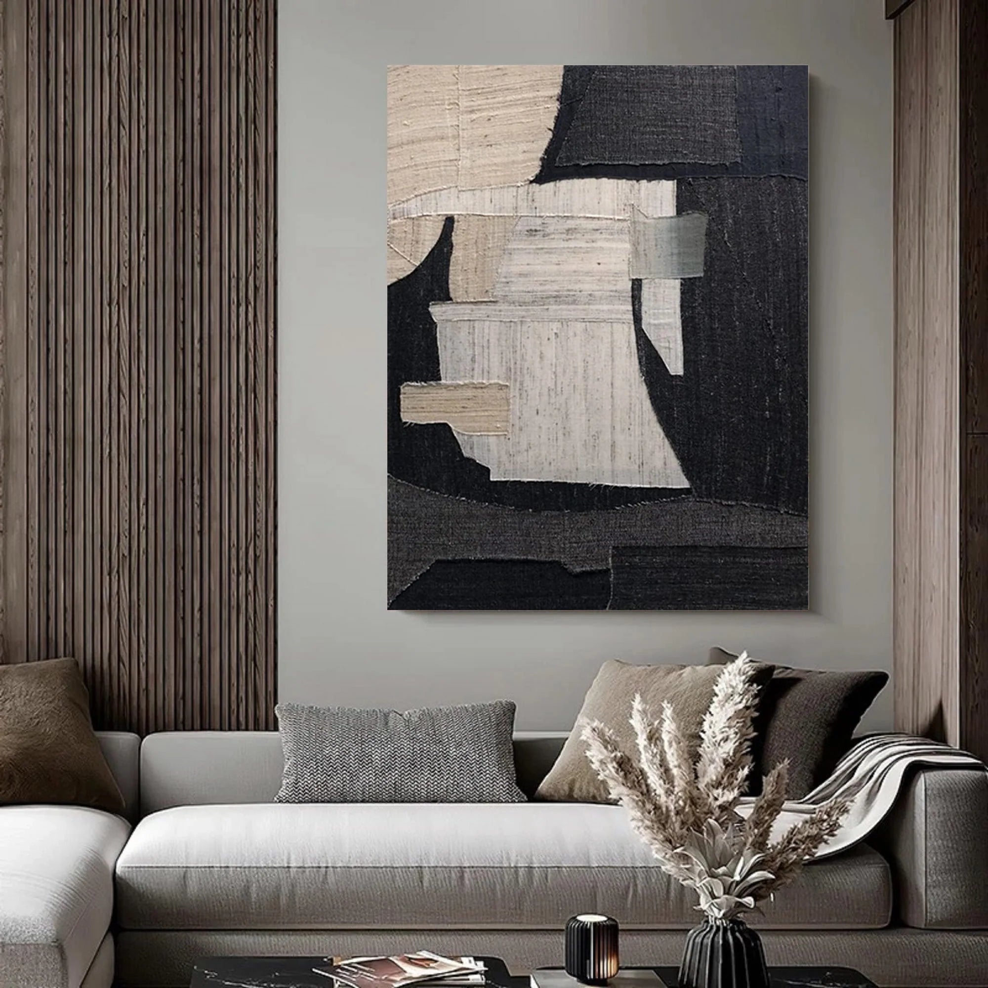 Wabi Sabi Black Beige Abstract Wall Decor Painting on Canvas