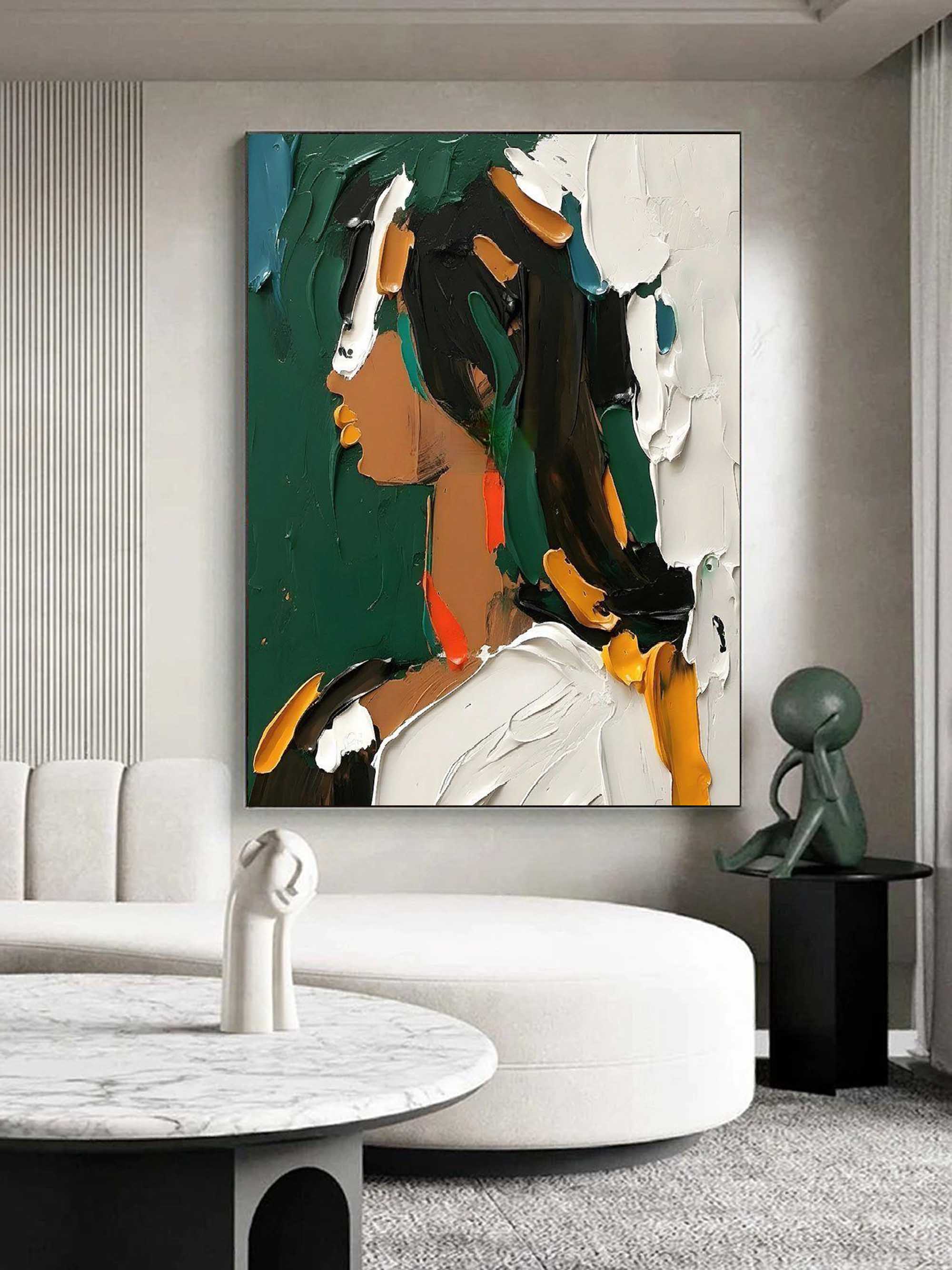 Green and White Abstract Canvas Art Abstract Figure Texture Wall Painting Oil Painting For Sale