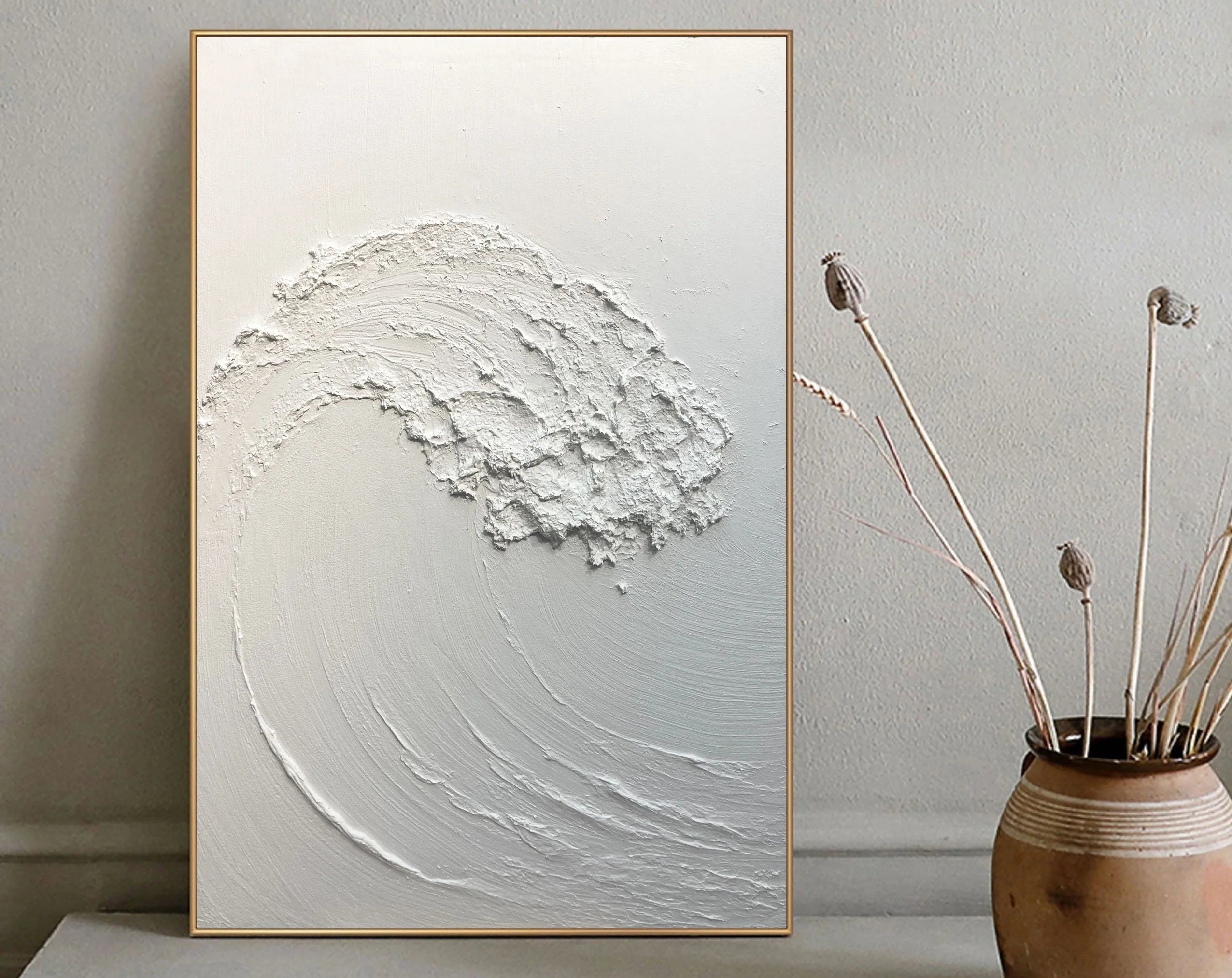 White Sea Waves Minimalist Textured Plaster Painting for Home Decor