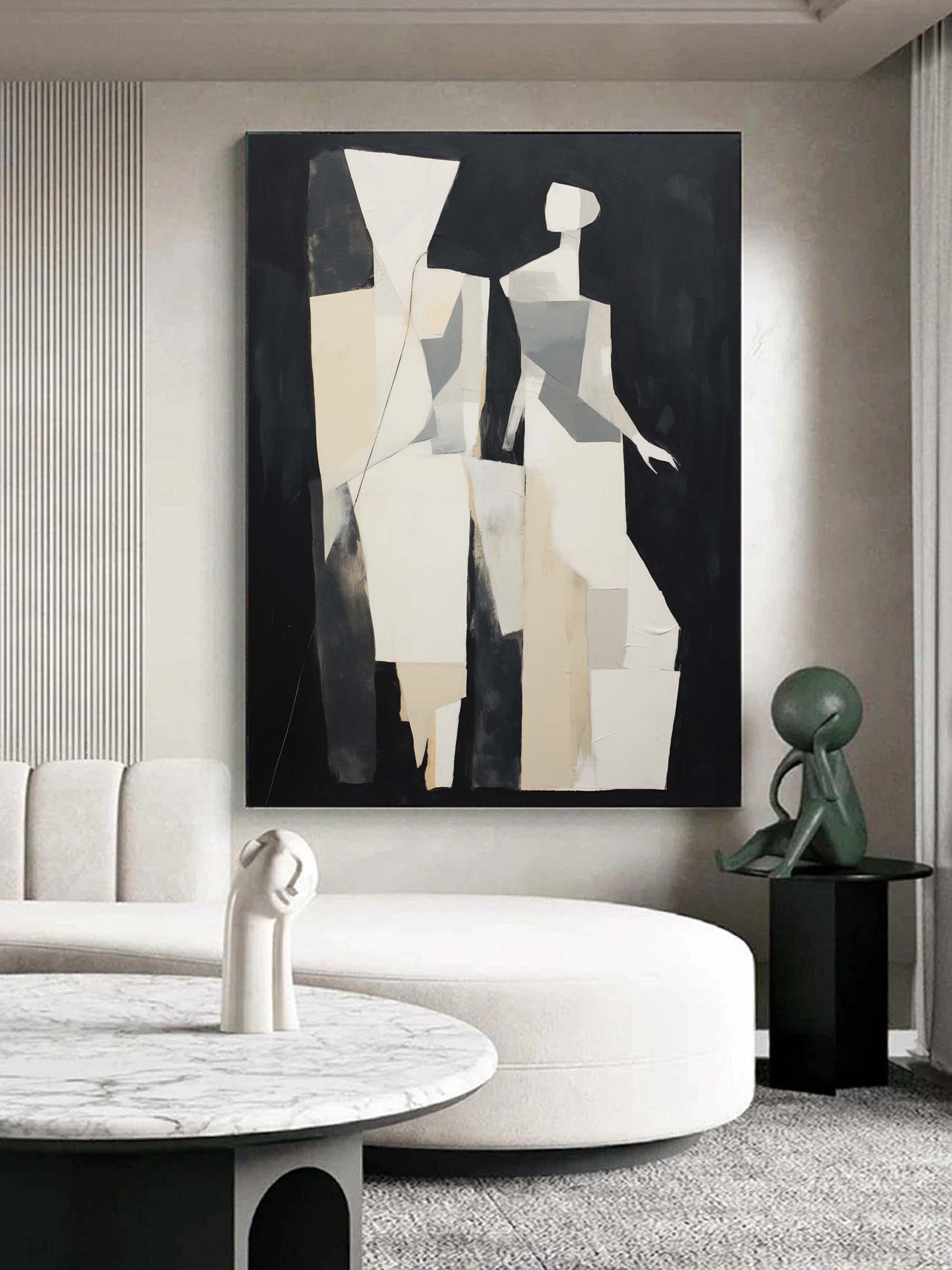 Black and Beige Minimalist Abstract Canvas Art Black and Beige Minimalist Wall Art Black and Beige Minimalist Abstract Painting of Figures