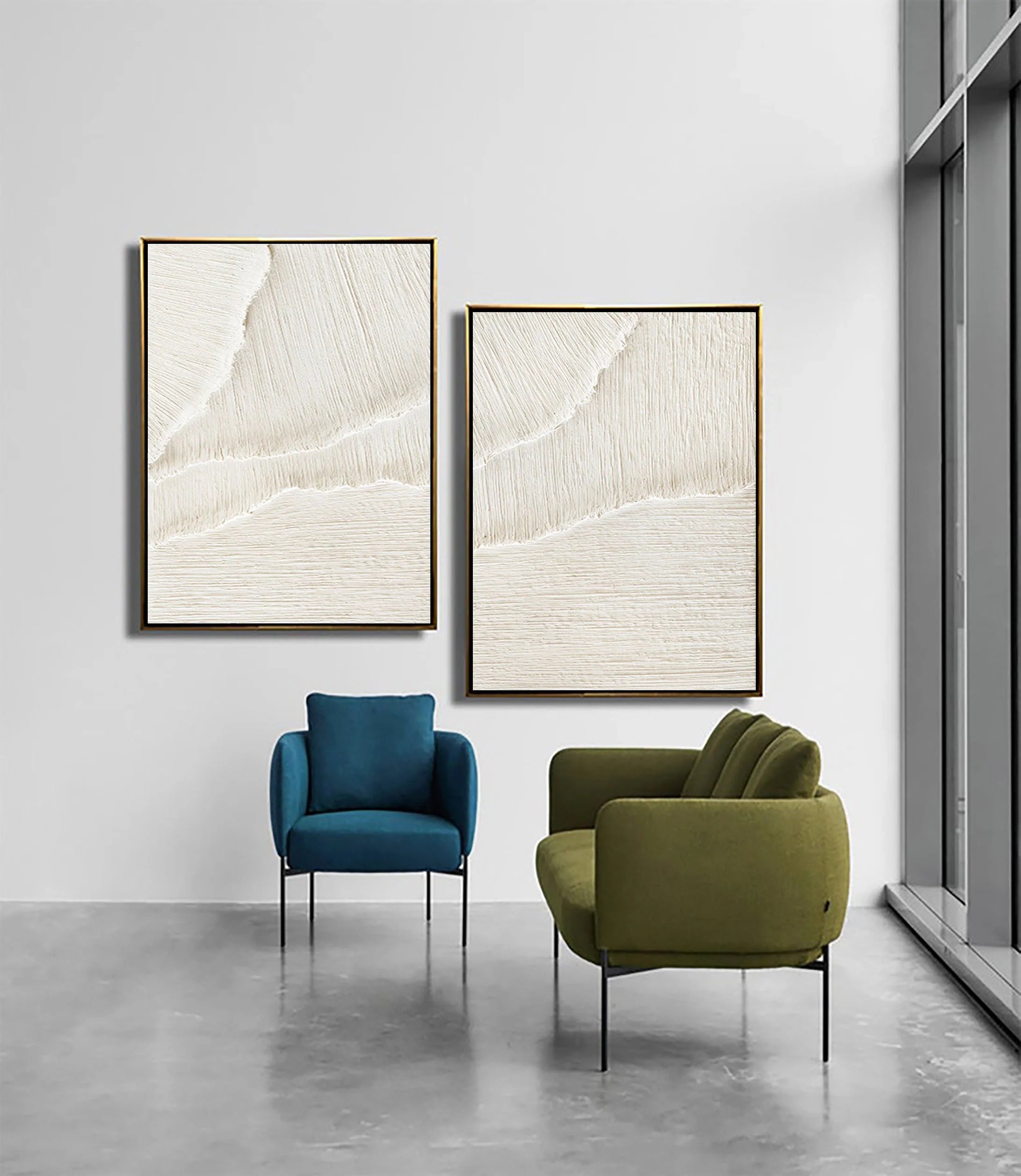 Set of 2 Minimalistic White Plaster Large Painting for Home Decor