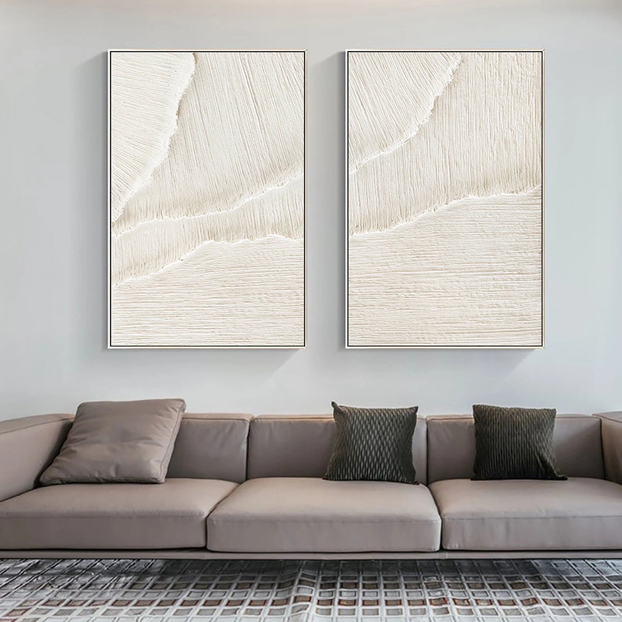 Set of 2 Minimalistic White Plaster Large Painting for Home Decor