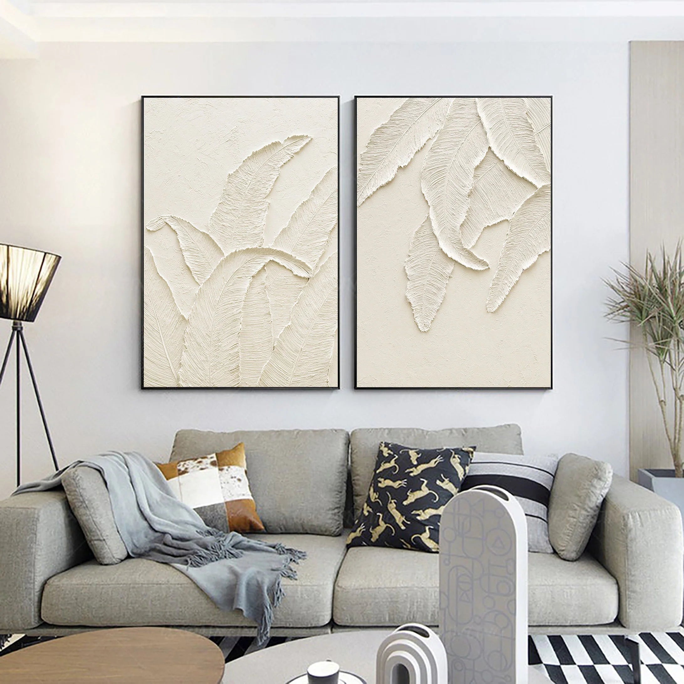 Set of 2 Plaster Art Painting Minimalistic Wall Artwork for Room Decor