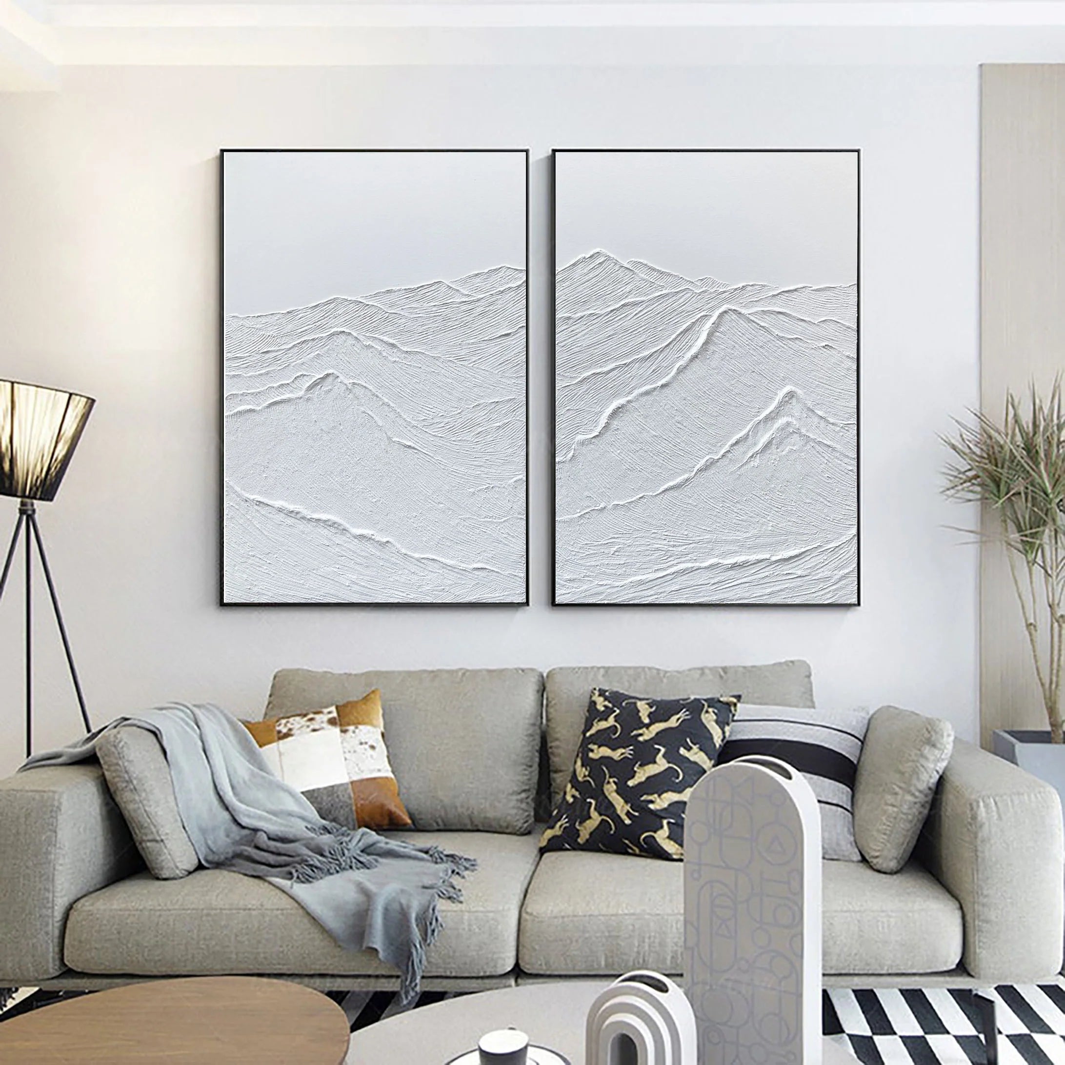 Set of 2 White Textured Plaster Painting for Bedroom/Living Room