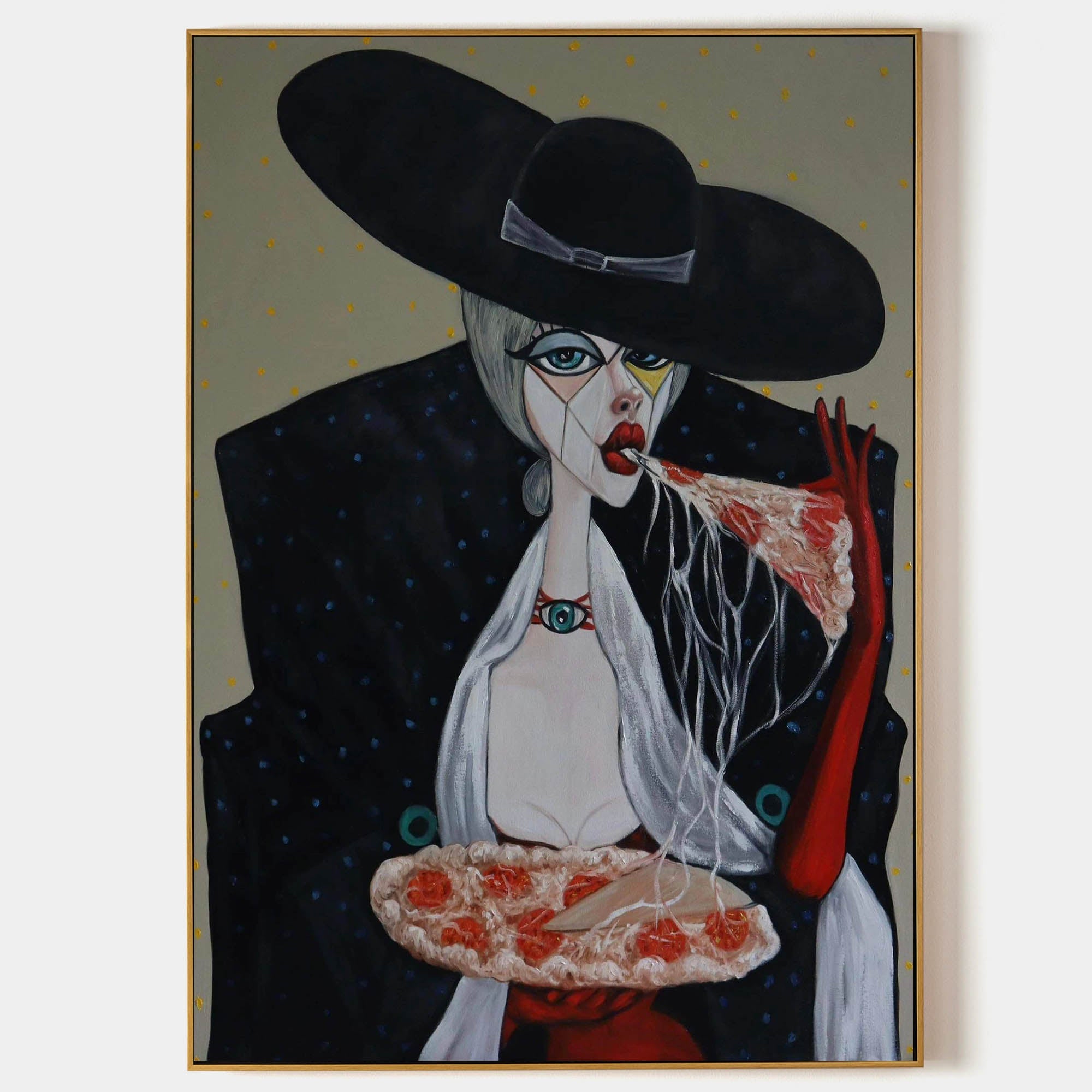 Large Woman Eating Pizza On Canvas Girl Eating Pizza Oil Painting Pop Art Portrait Lady Eating Pizza