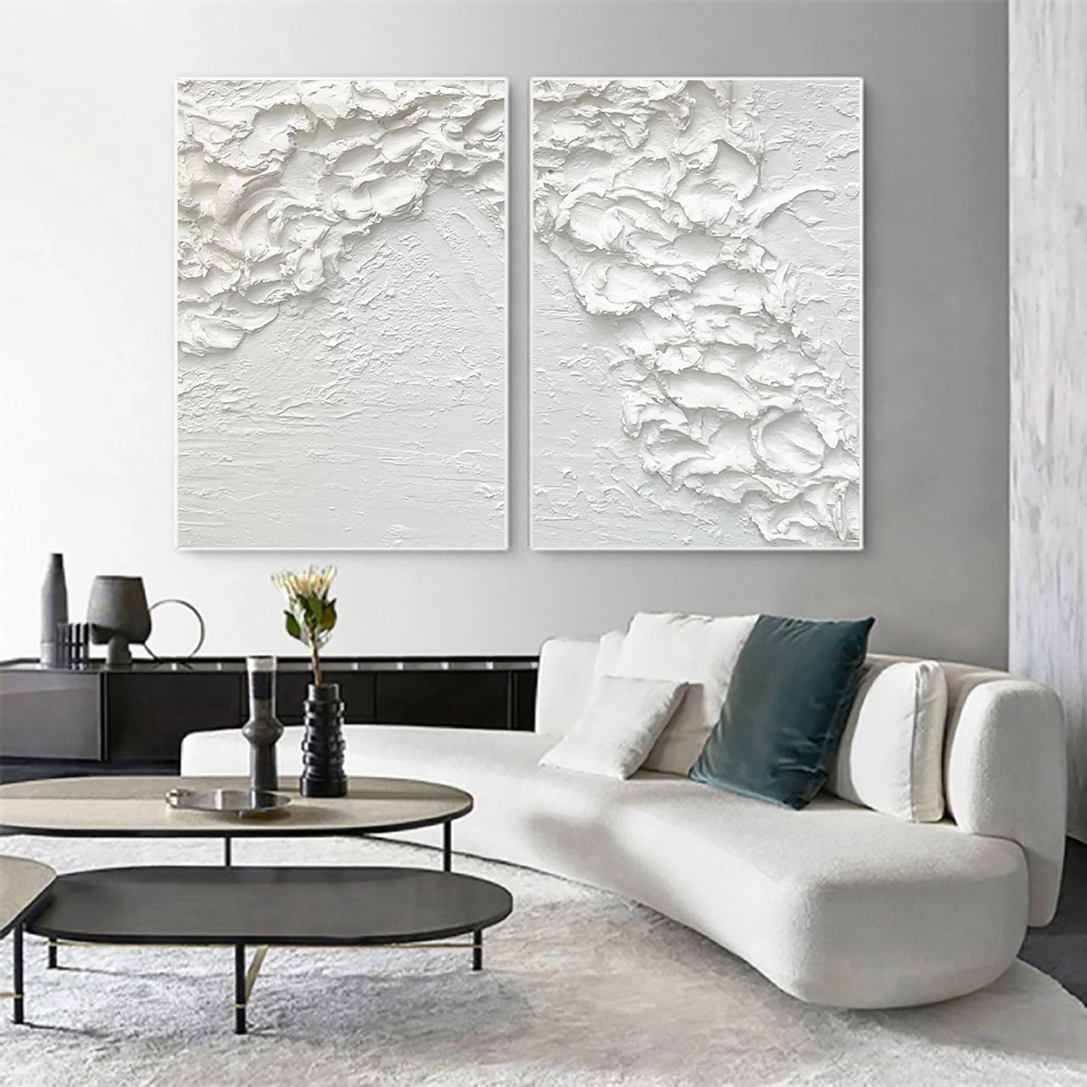 White Ocean Waves Textured Plaster Art, Large Minimalist Painting On Canvas, Modern Wall Decor