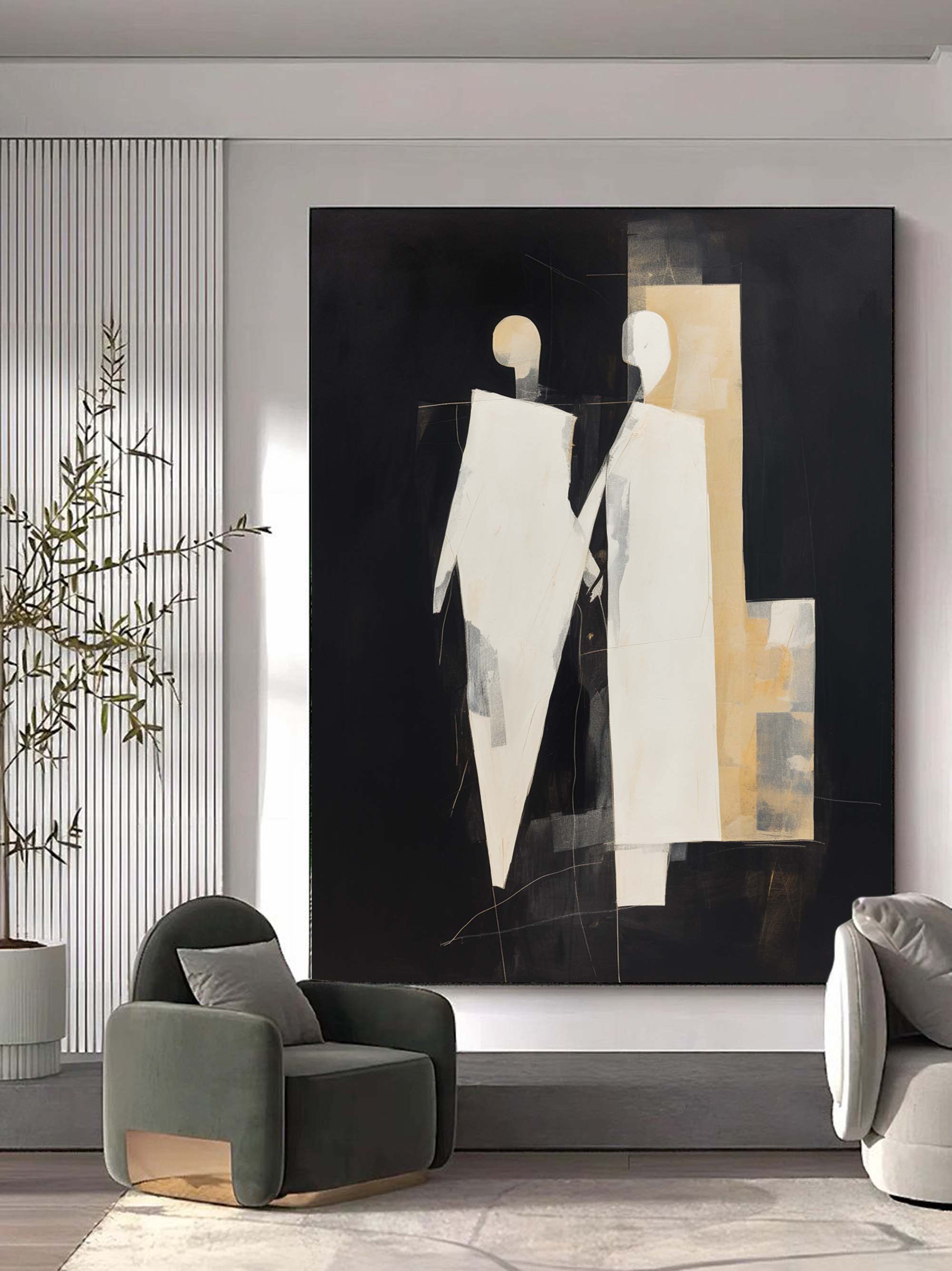 Black and Beige Textured Abstract Art Canvas Black and Beige Minimalist Painting Contemporary Abstract Canvas Art People Canvas Wall Art