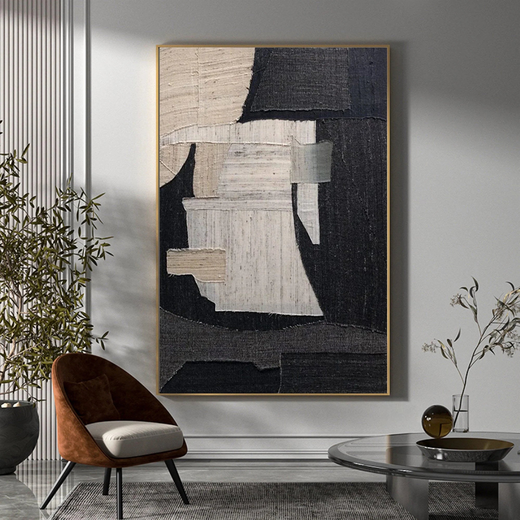 Wabi Sabi Black Beige Abstract Wall Decor Painting on Canvas