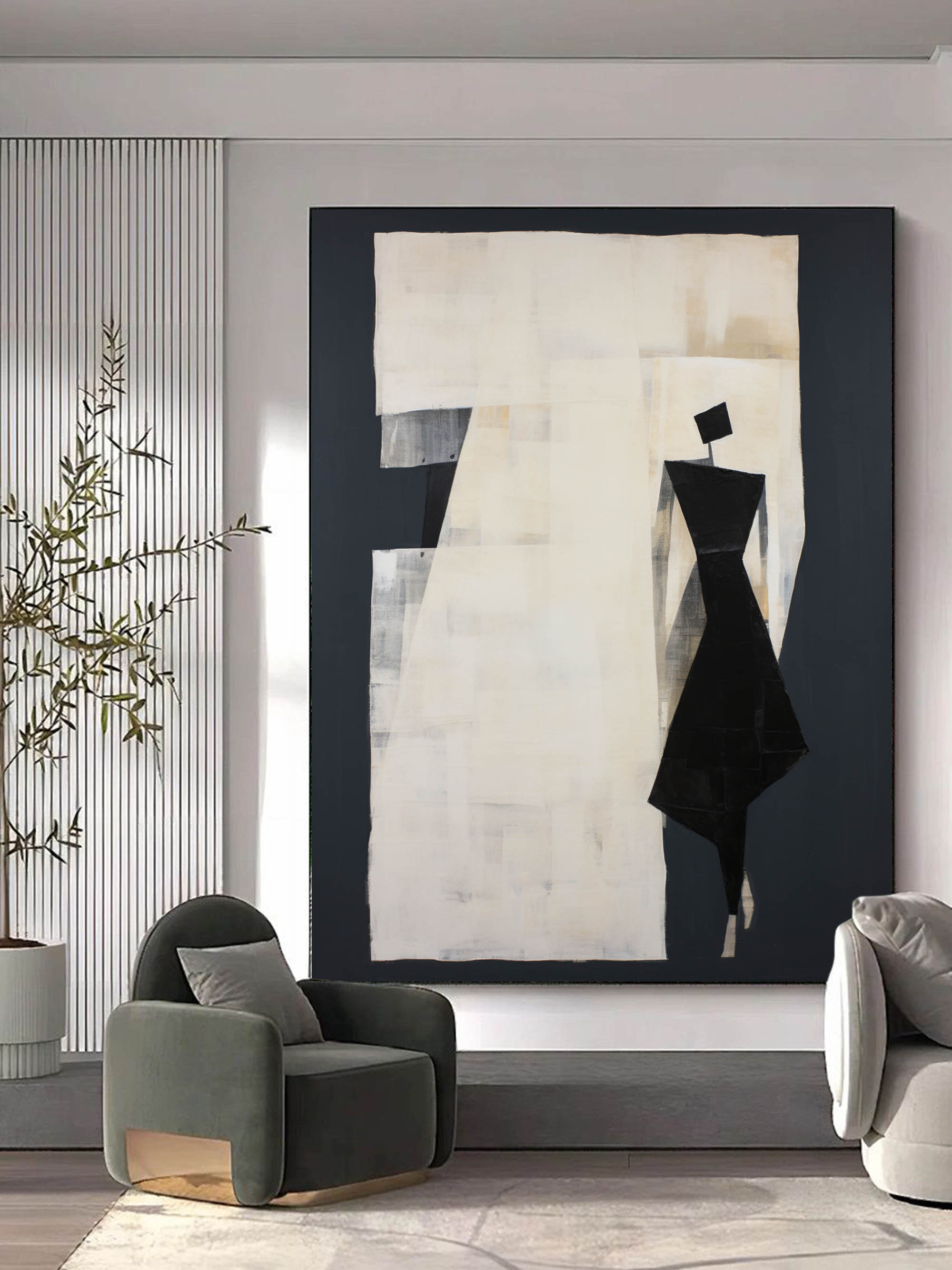 Black And Beige Minimalist Oil Painting Black And Beige Minimalist Wall Art Black And Beige Abstract People At Beige Abstract Art On Canvas