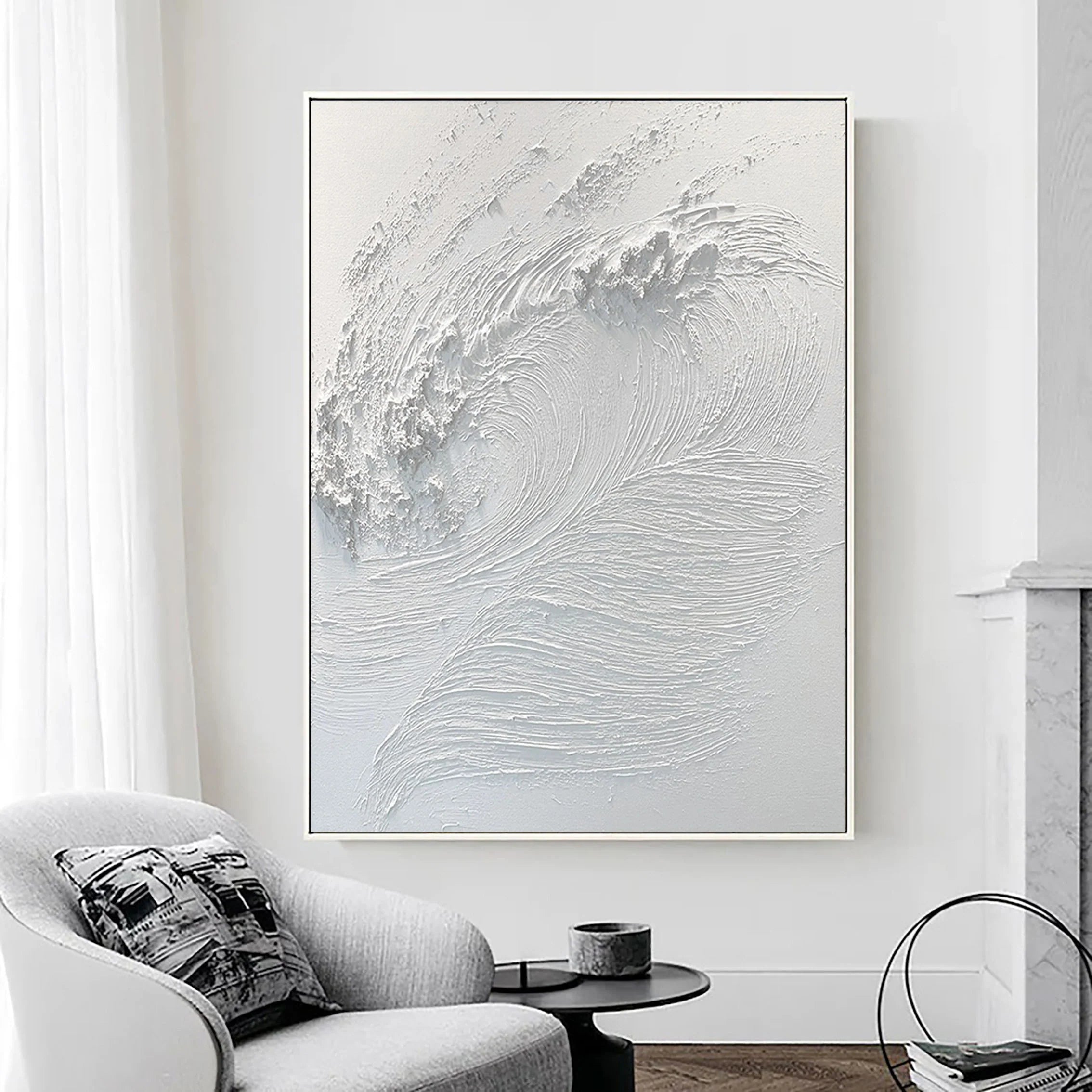 White 3D Textured Plaster Wall Art Surf Art Abstract Handcrafted Painting Minimalist Home Decor