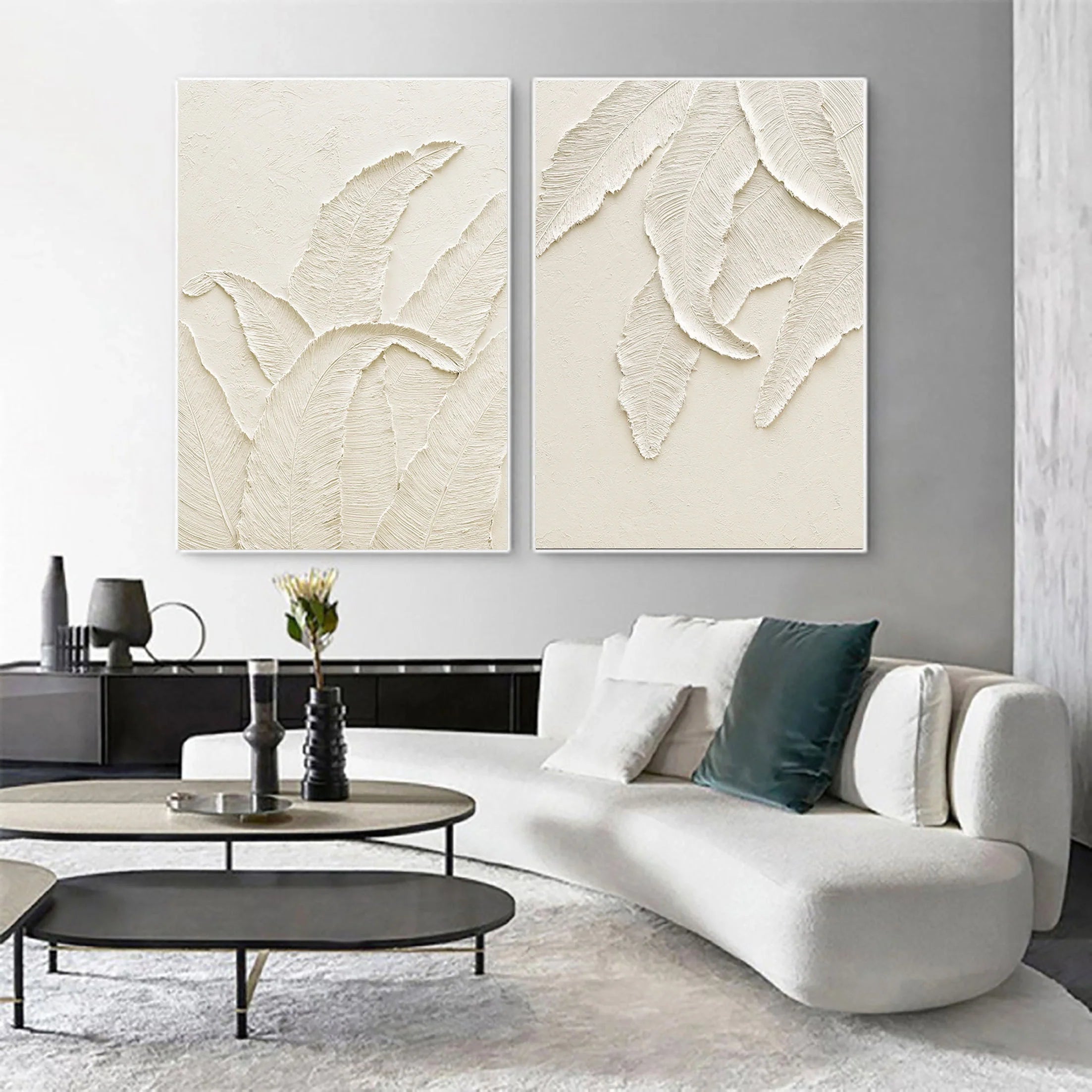 Set of 2 Plaster Art Painting Minimalistic Wall Artwork for Room Decor