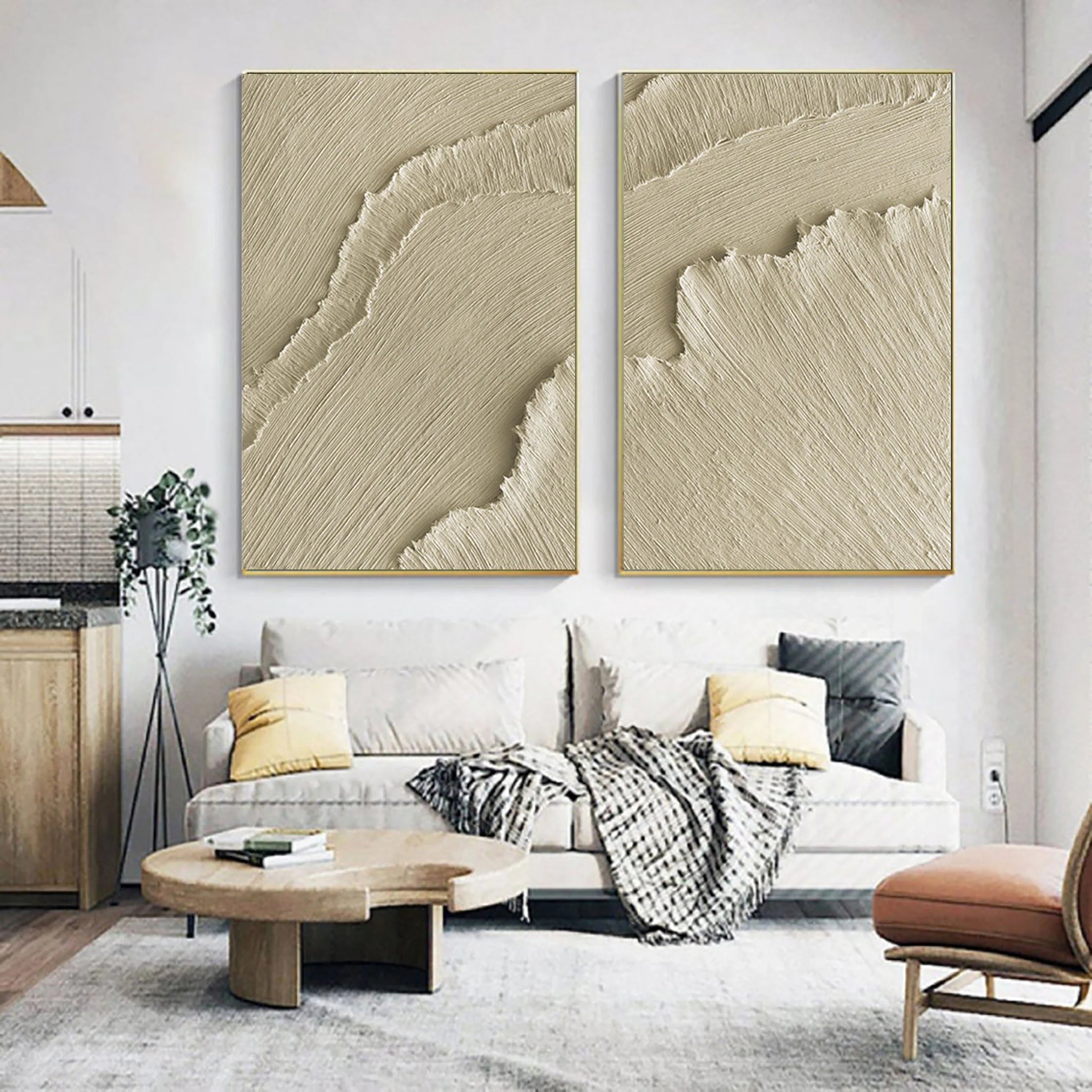 Set of 2 Beige Plaster Art Minimalistic Large Painting Wall Decor