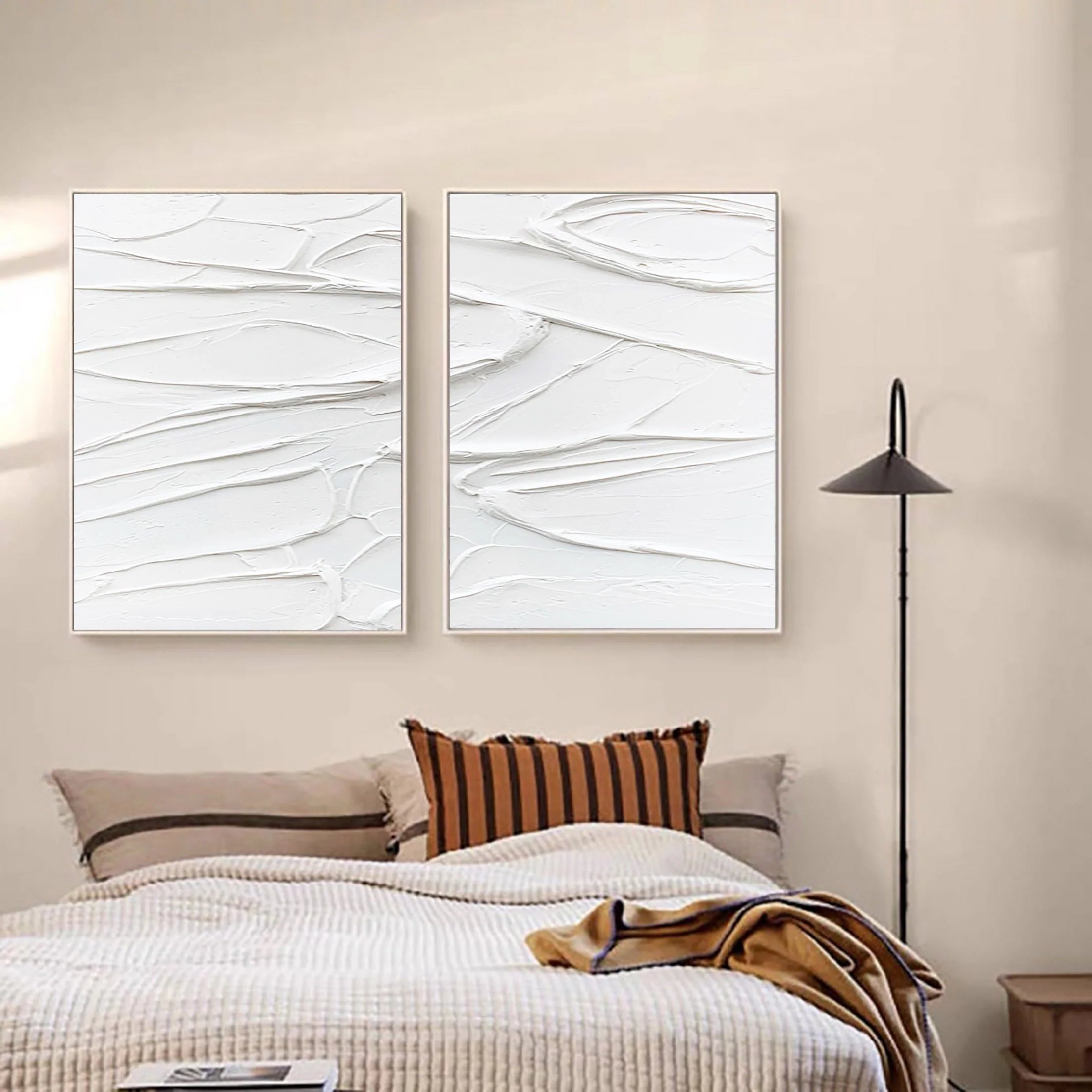 Set of 2 White Textured Plaster Art Canvas, Large Abstract Painting for Room Decor