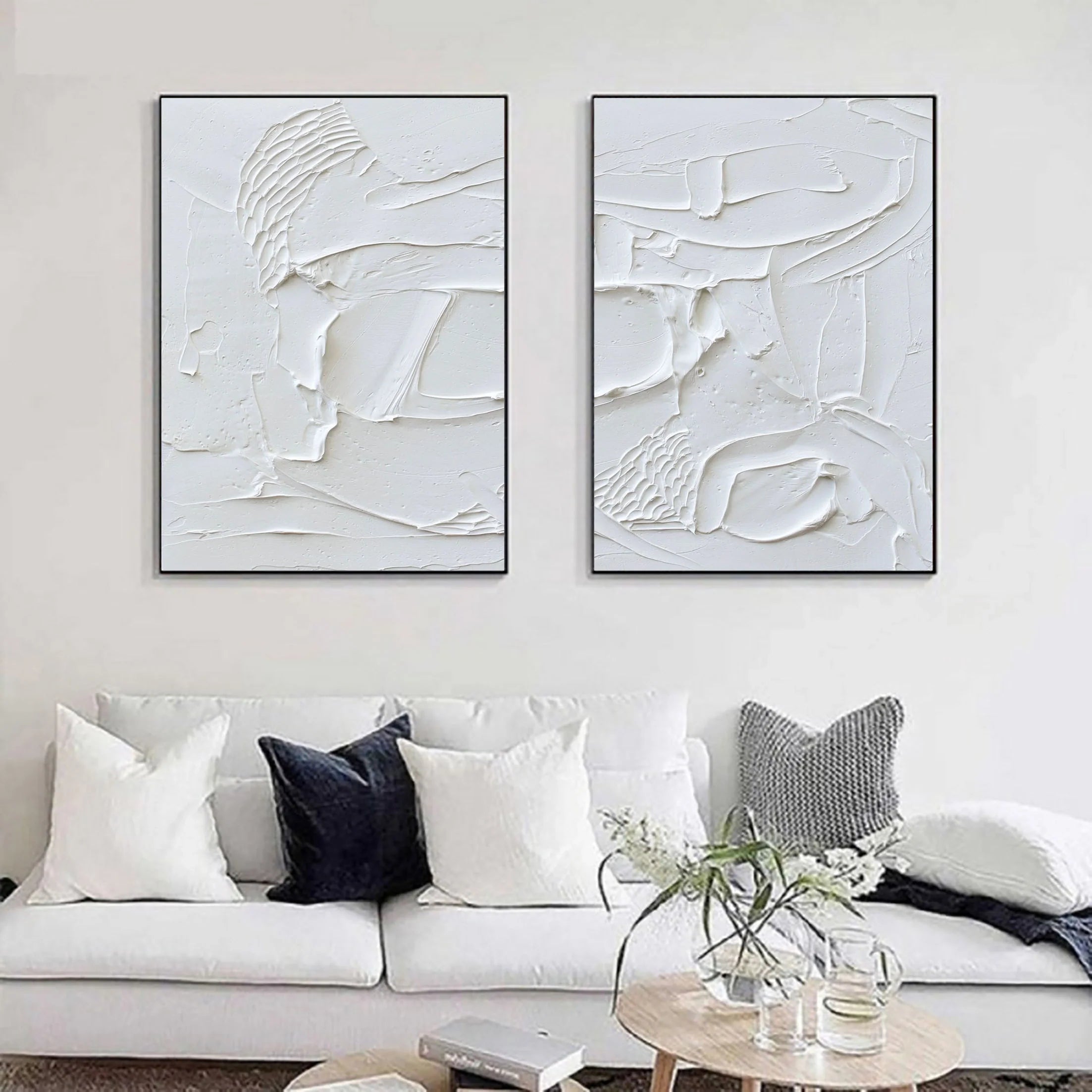 White Textured Plaster Set of 2 Large Painting for Room Decor