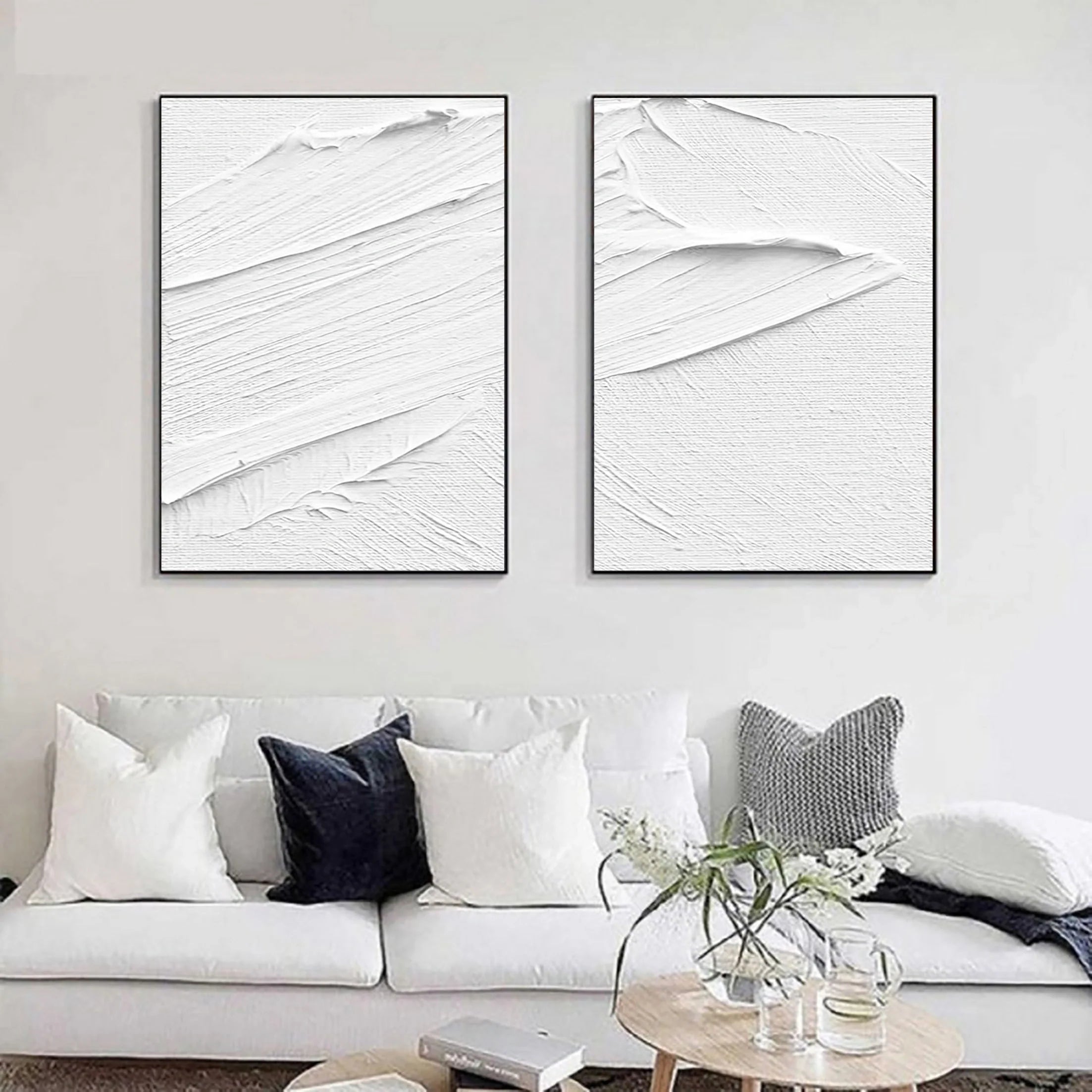 Set of 2 Plaster Art 3D Textured White Painting Original by Artist