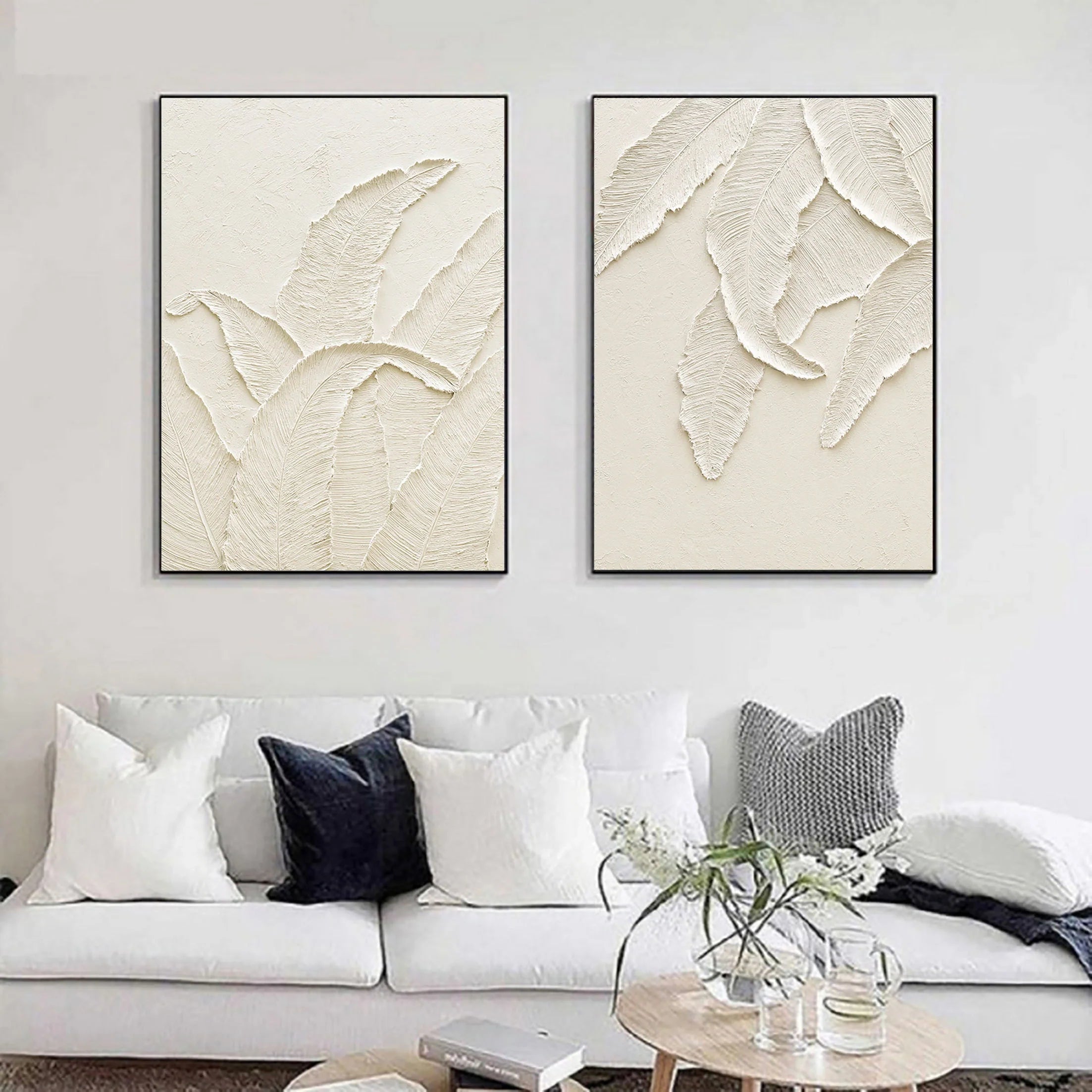 Set of 2 Plaster Art Painting Minimalistic Wall Artwork for Room Decor