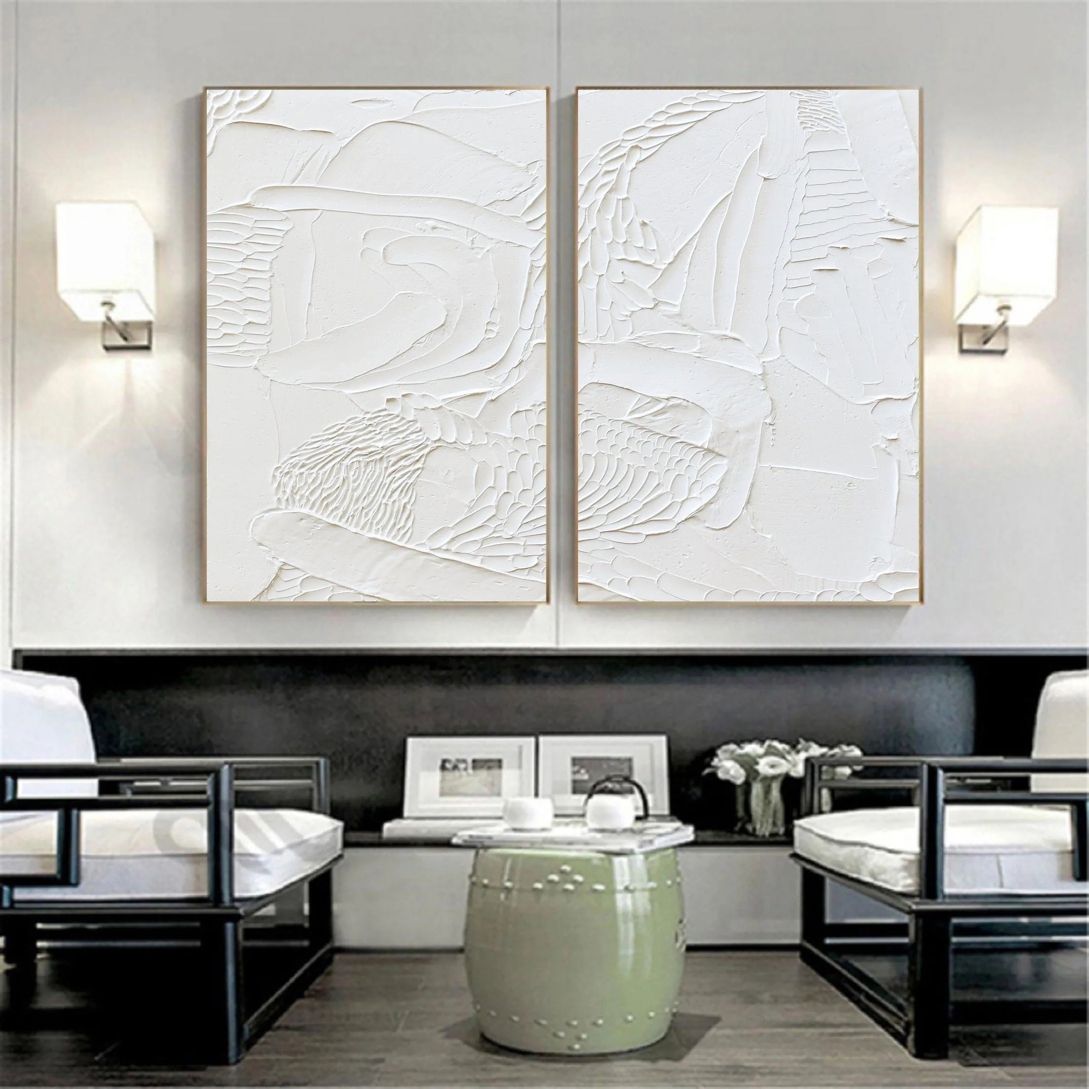 Set of 2 White Textured Minimalistic Large Painting for Bedroom/Living Room