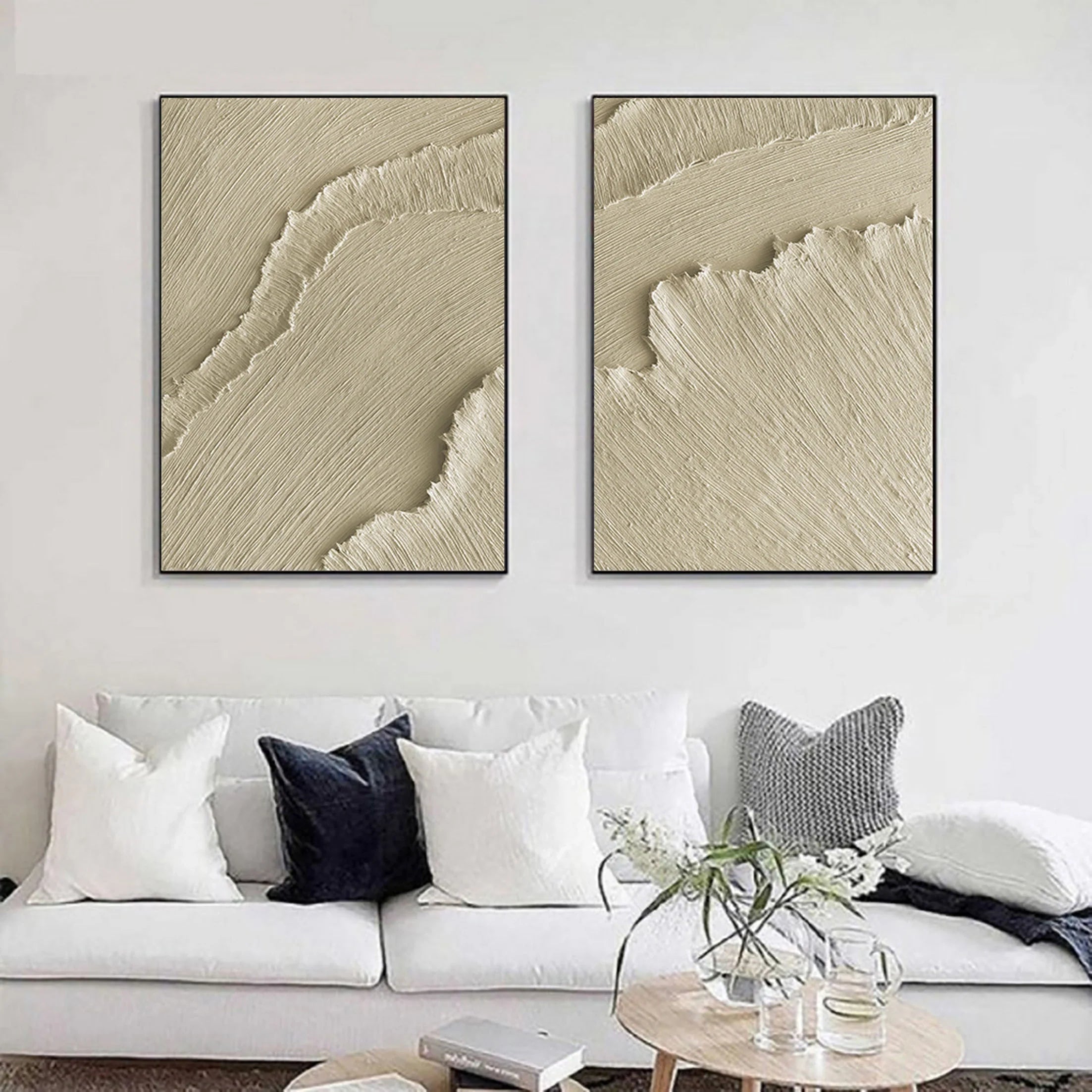 Set of 2 Beige Plaster Art Minimalistic Large Painting Wall Decor