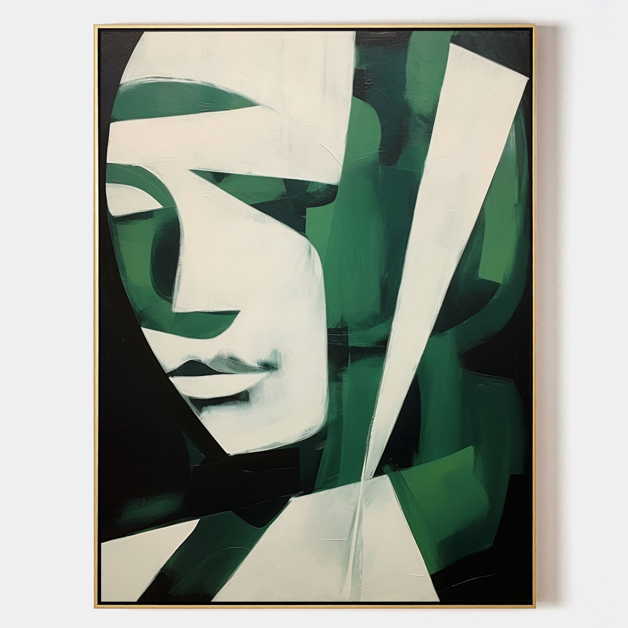 Green And White Abstract Woman Face Oil Painting Abstract Face Art On Canvas Minimalist Wall Art