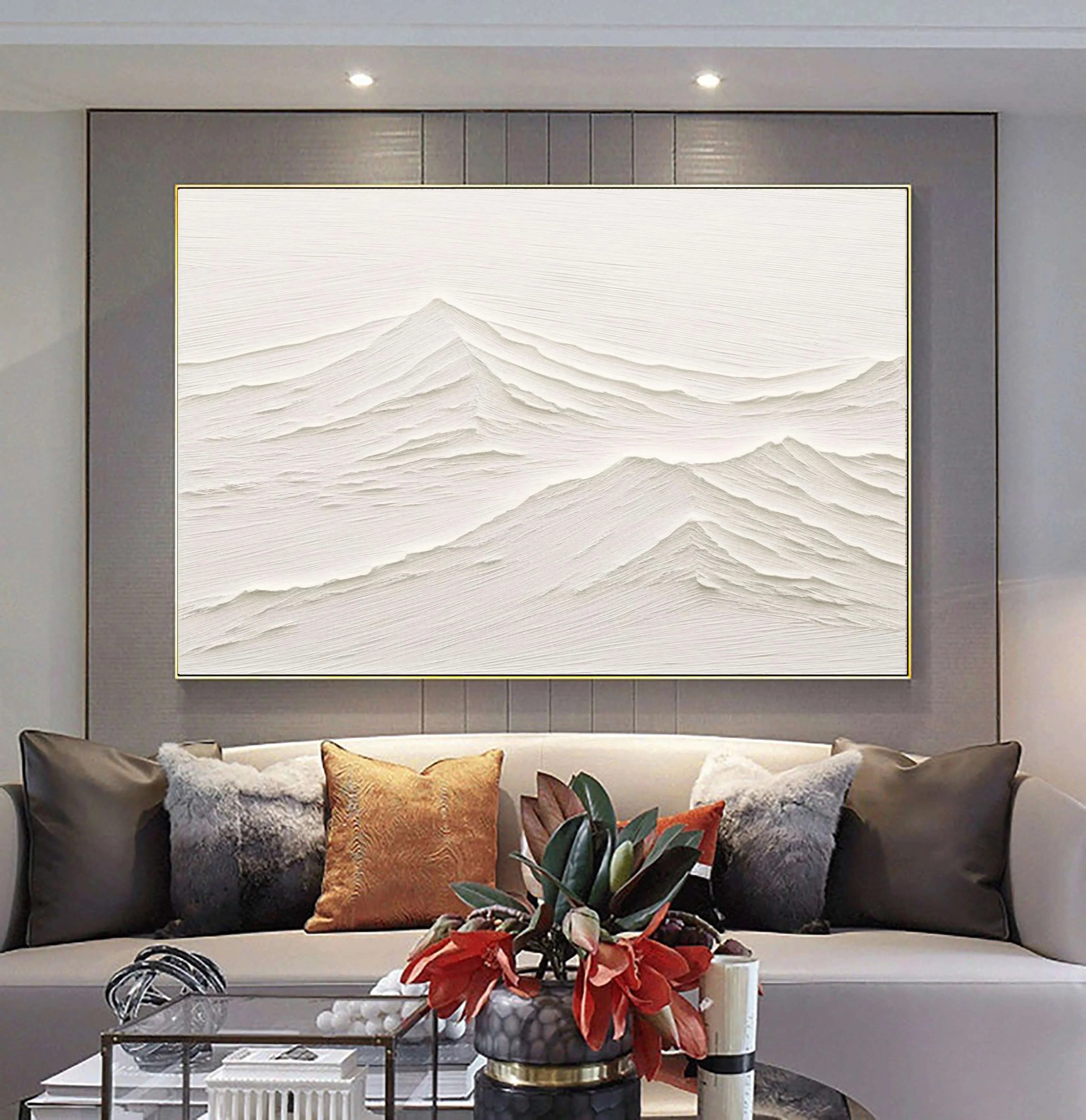 Hand-Painted Landscape Beige Plaster Art Framed Canvas Painting, Abstract Minimalist for Living Room