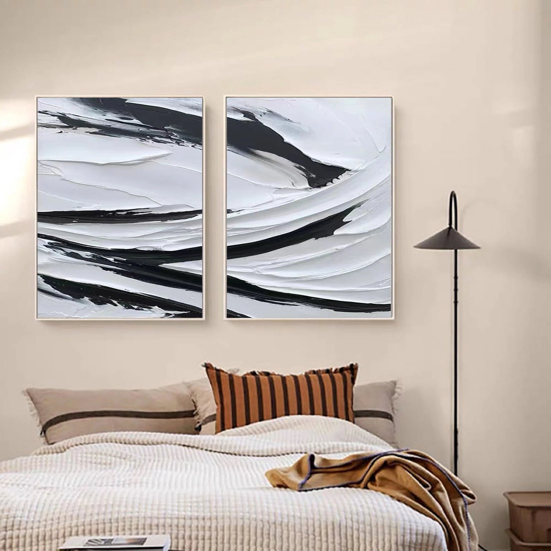 Set of 2 Plaster Art Painting Black and White Minimalistic Room Decor