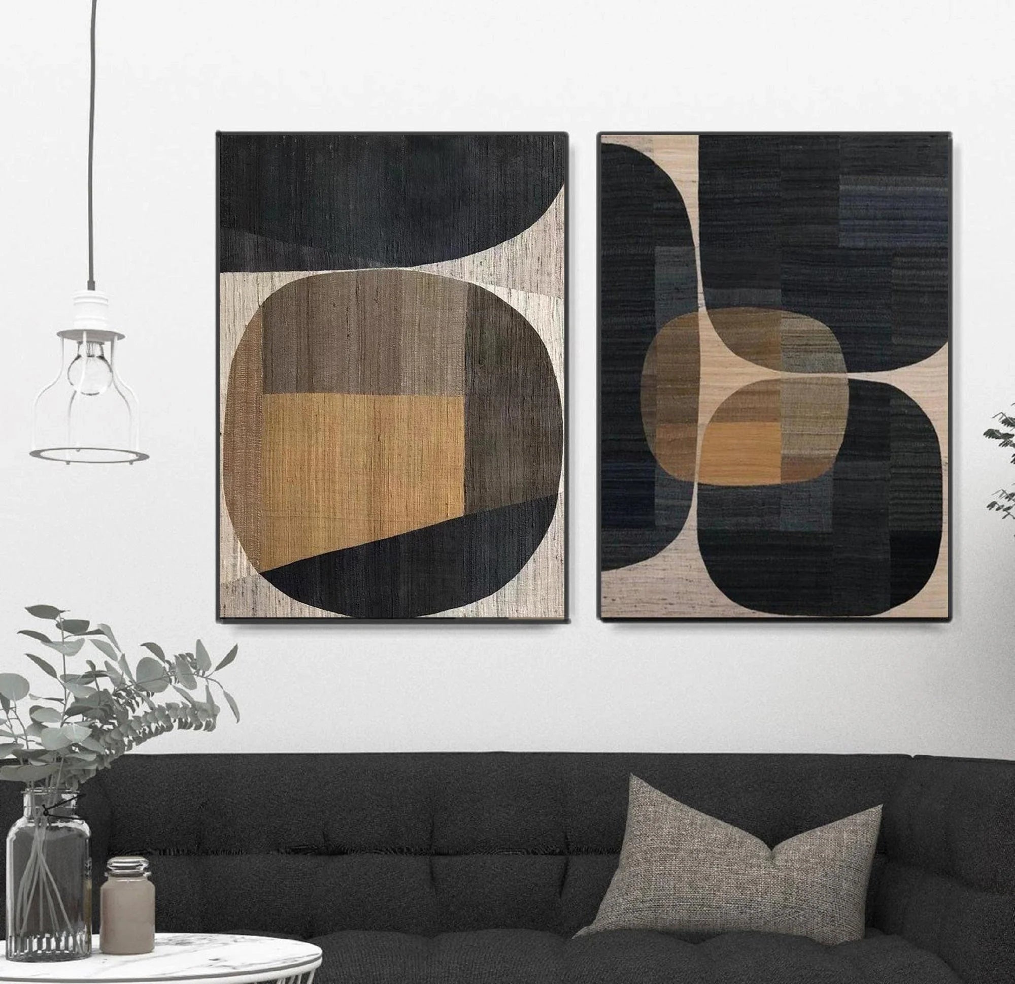 Geometric Wabi Sabi Abstract Wall Decor Painting Black Brown Artwork Set of 2