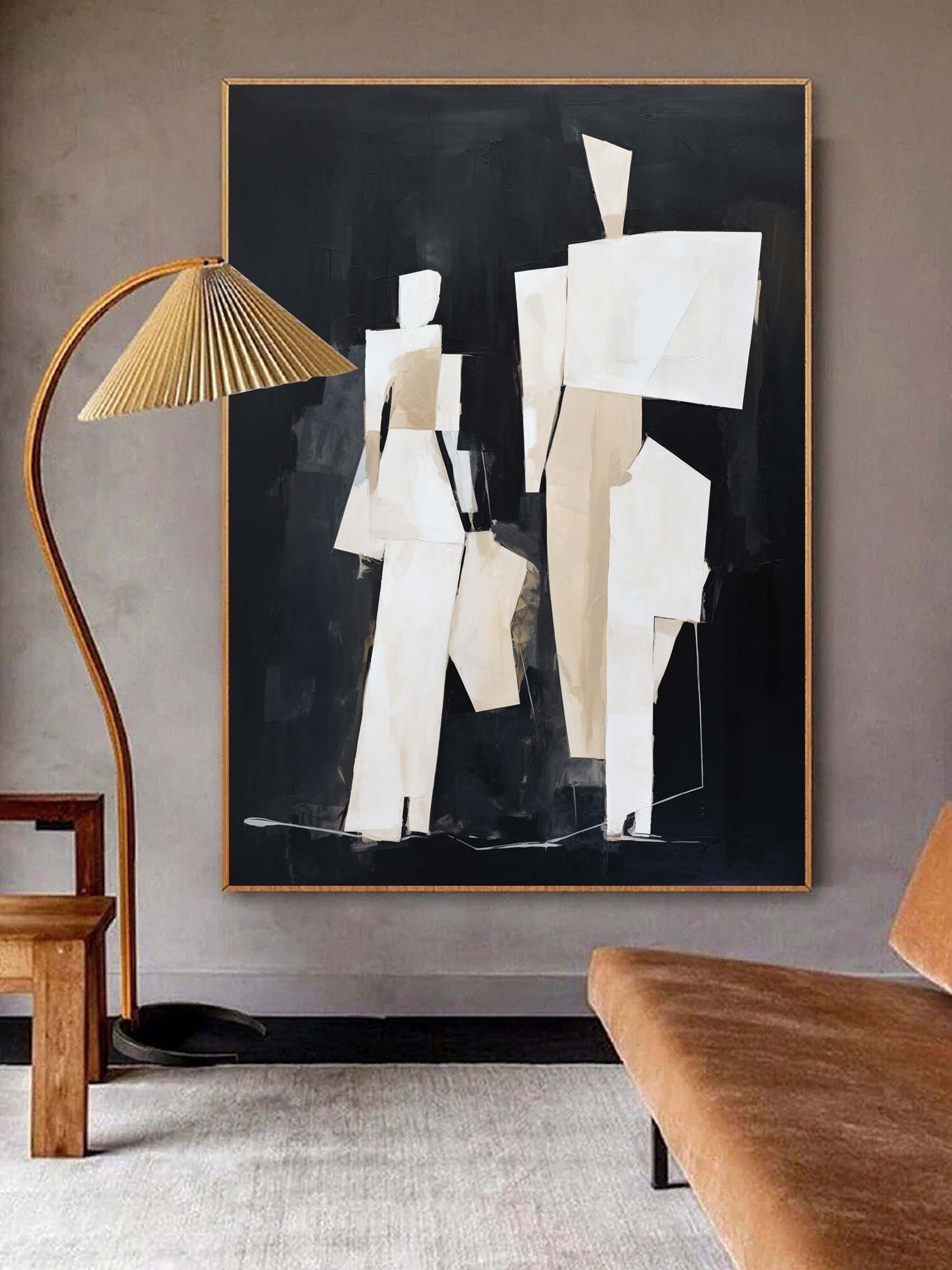 Black and Beige Minimalist Wall Art Black and Beige Abstract Oil Painting Black and Beige People Abstract Art Abstract People Wall Decor