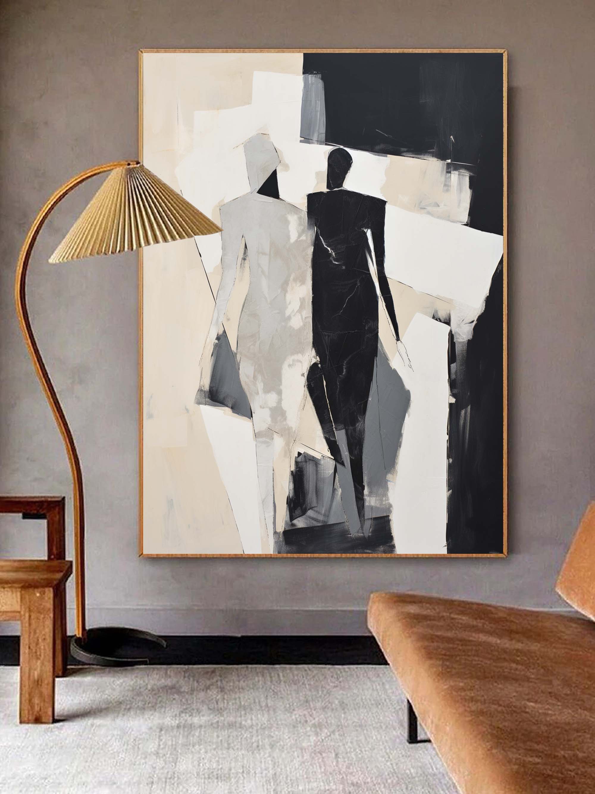 Black and Beige Couple Minimalist Wall Art Black and Beige Couple Abstract Texture Art Couple Pumping Painting on Canvas Contemporary Art