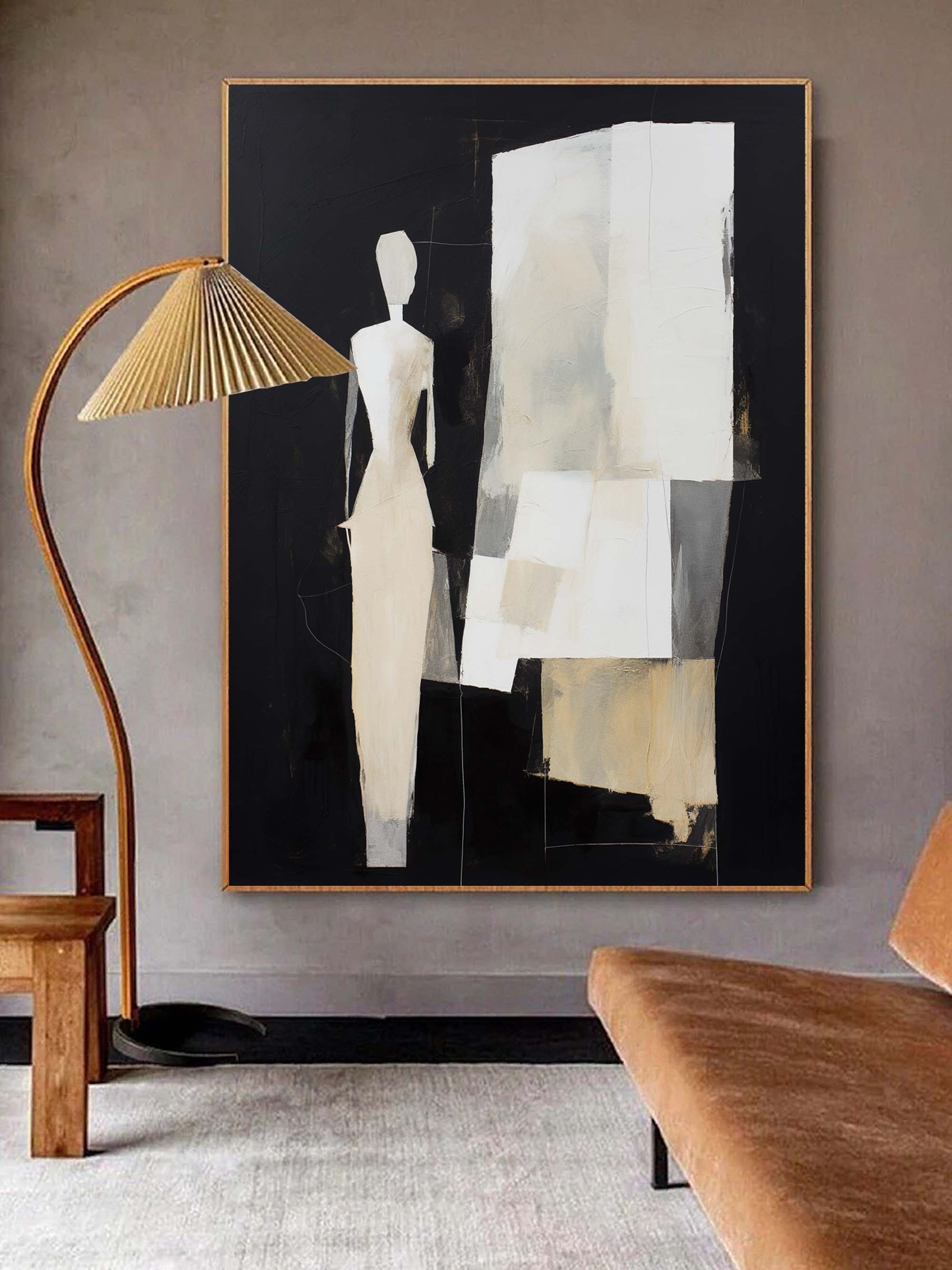 Abstract Lady Minimalist Wall Art Abstract Woman Canvas Art Black and Beige Abstract Woman Oil Painting Figure Texture Abstract Art Canvas