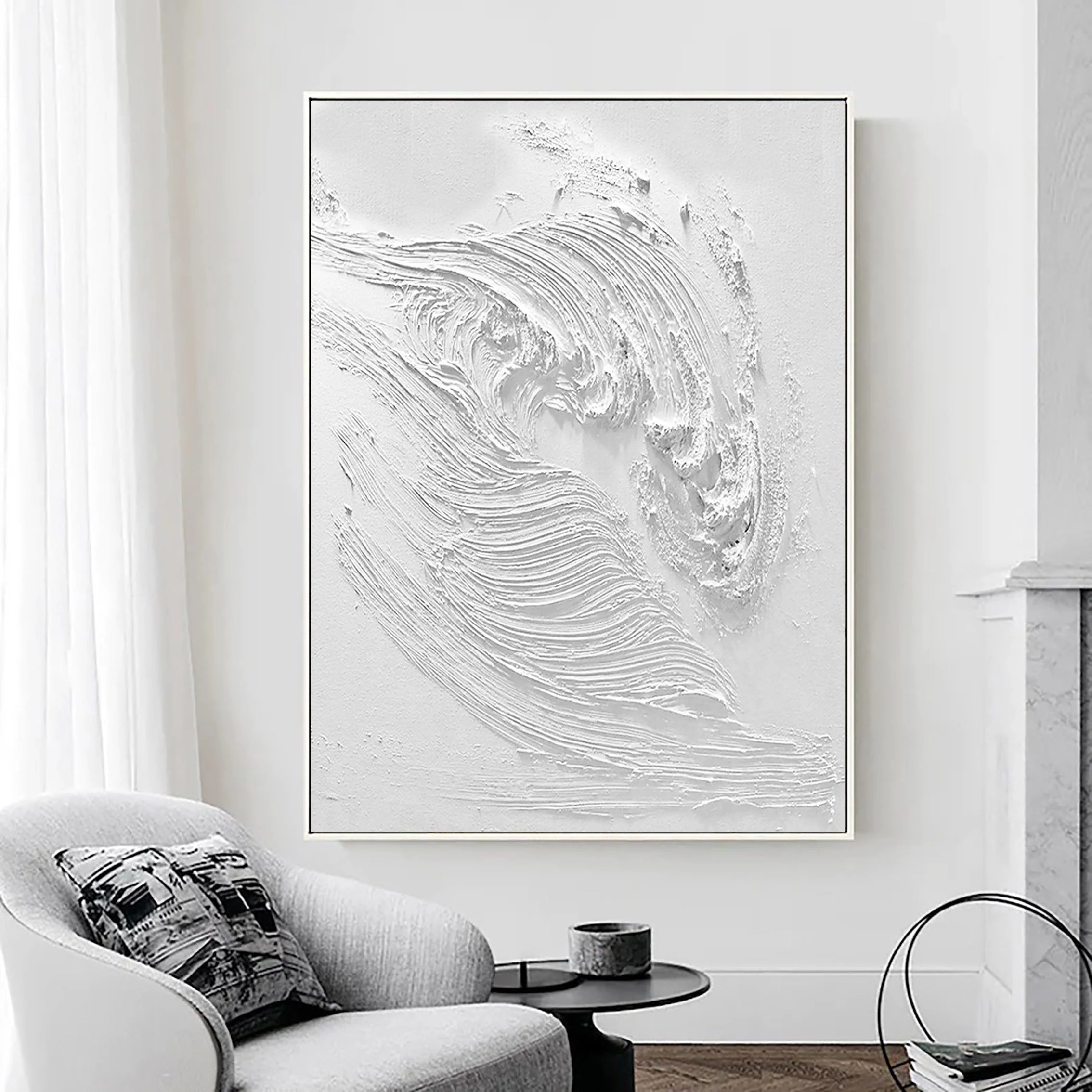 White Ocean Waves Textured Plaster Art Painting, Minimalist Wall Artwork for Room Decor