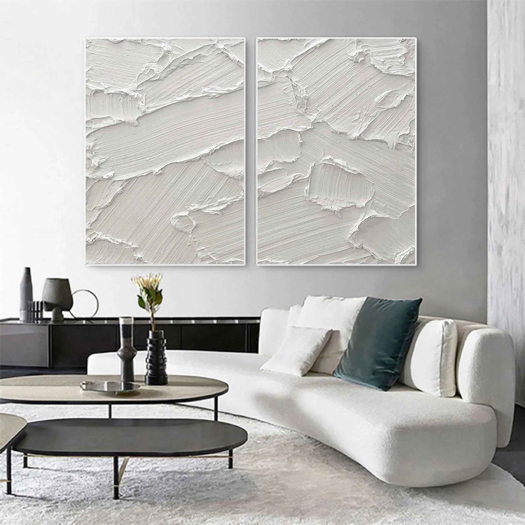 Set of 2 White Plaster Art Original Textured Painting for Room Decor