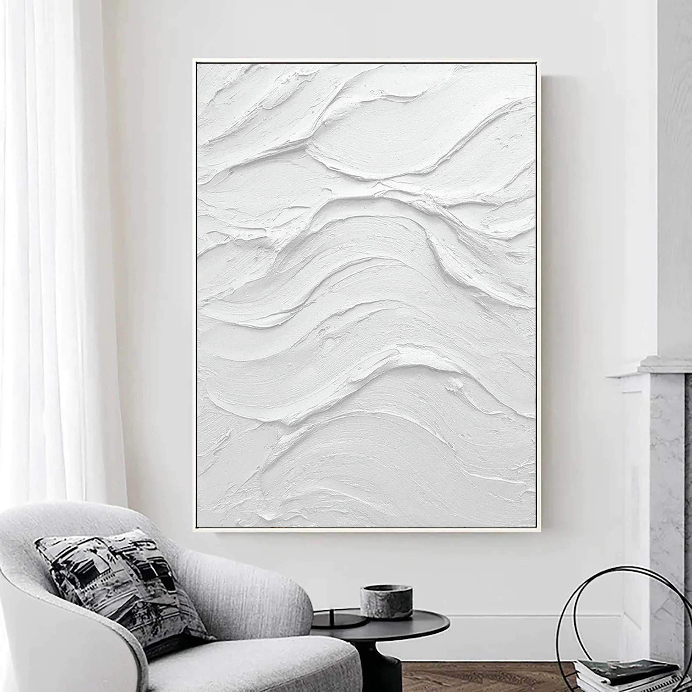 White Minimalist Plaster Painting Large 3D Textured Abstract Wall Art Framed Canvas