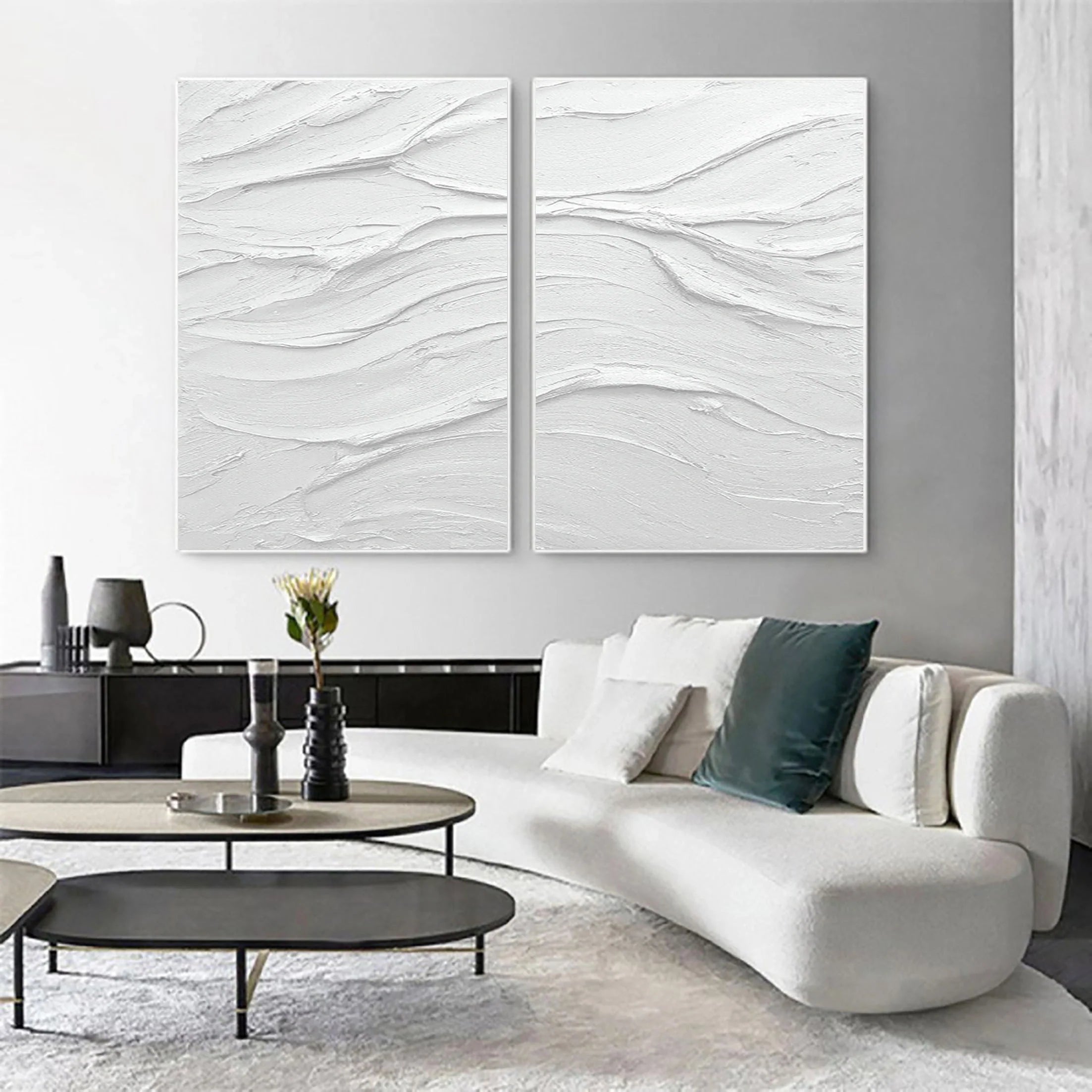 Set of 2 White Plaster Art Textured Painting Original Minimalistic