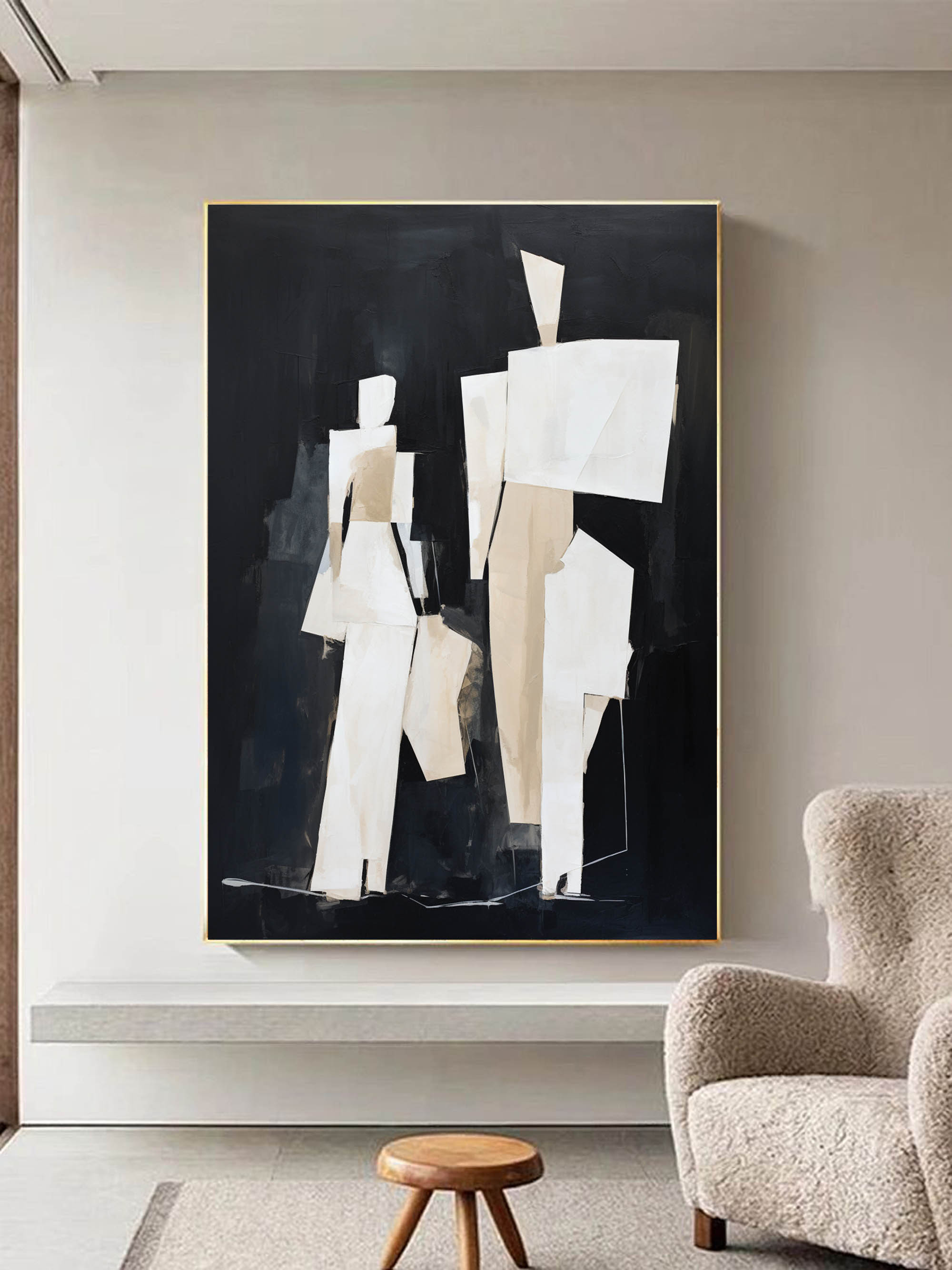 Black and Beige Minimalist Wall Art Black and Beige Abstract Oil Painting Black and Beige People Abstract Art Abstract People Wall Decor