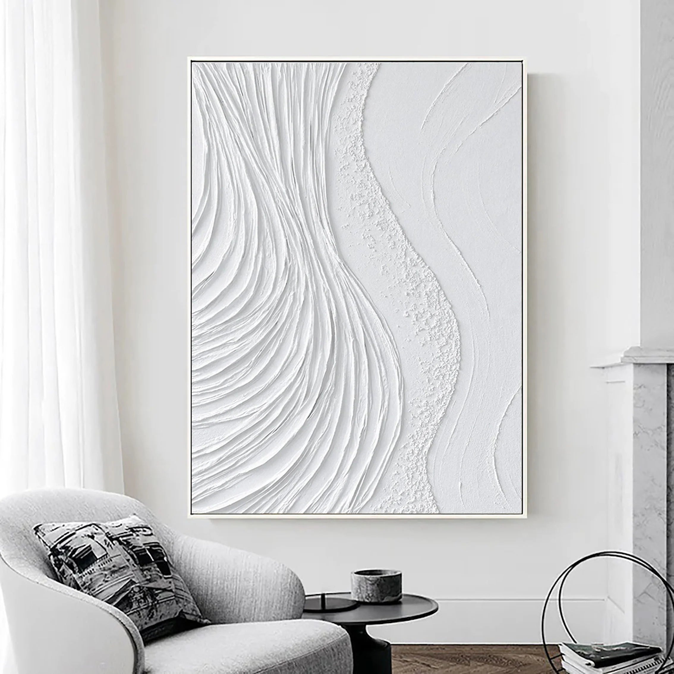 White Surf Minimalist Wall Art, Large Abstract Plaster Painting On Canvas