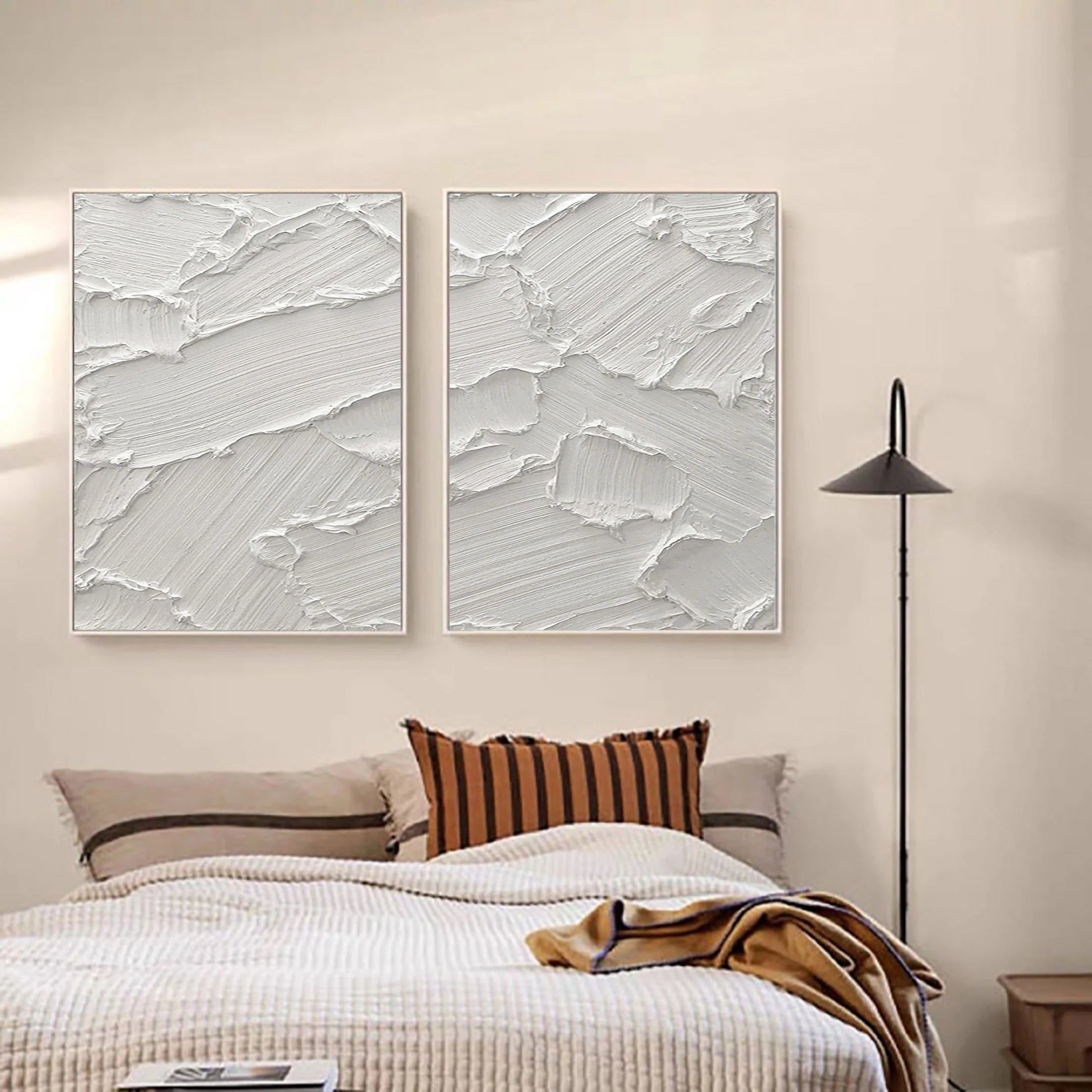 Set of 2 White Plaster Art Original Textured Painting for Room Decor