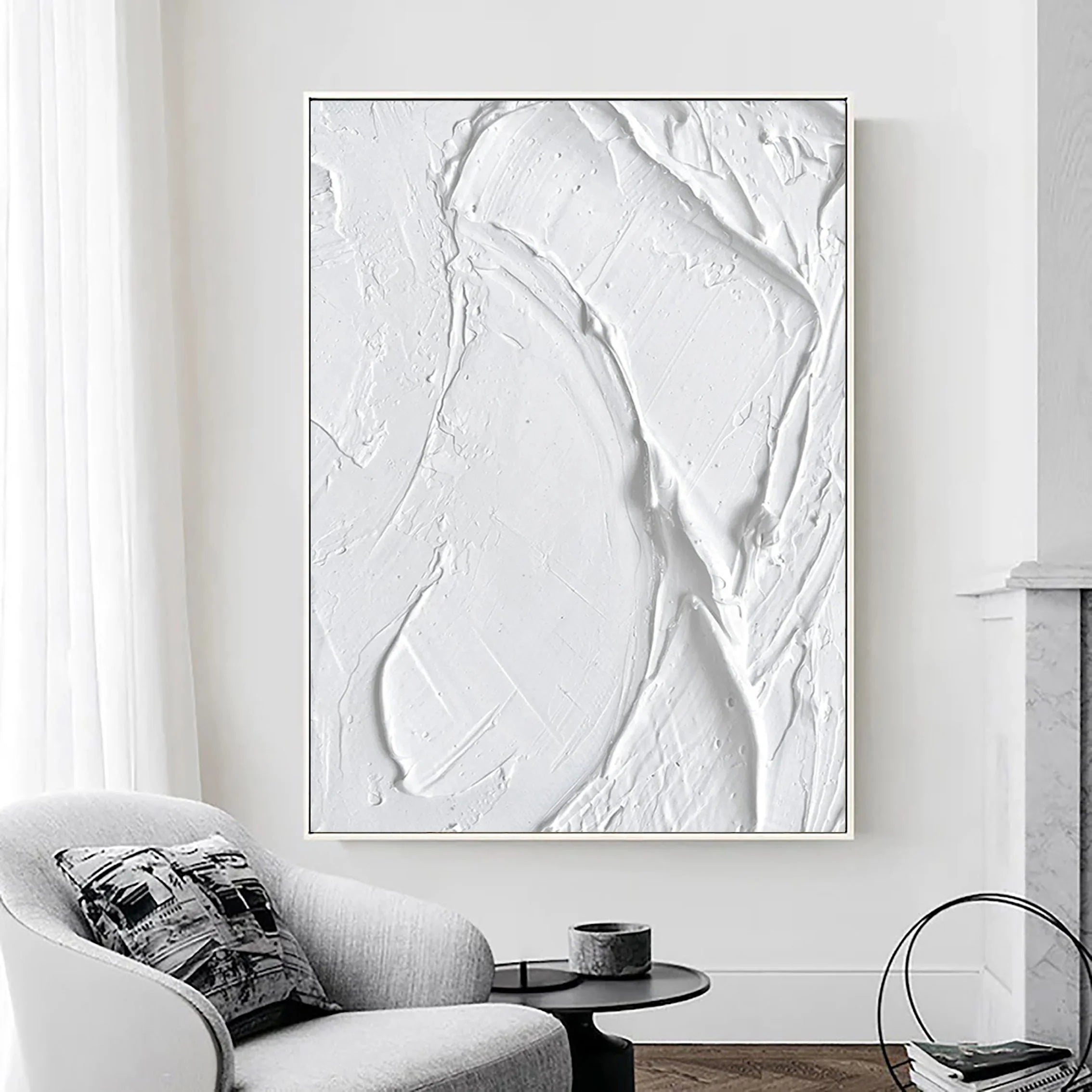 White 3D Textured Plaster Art Painting on Canvas Minimalist Room Decor