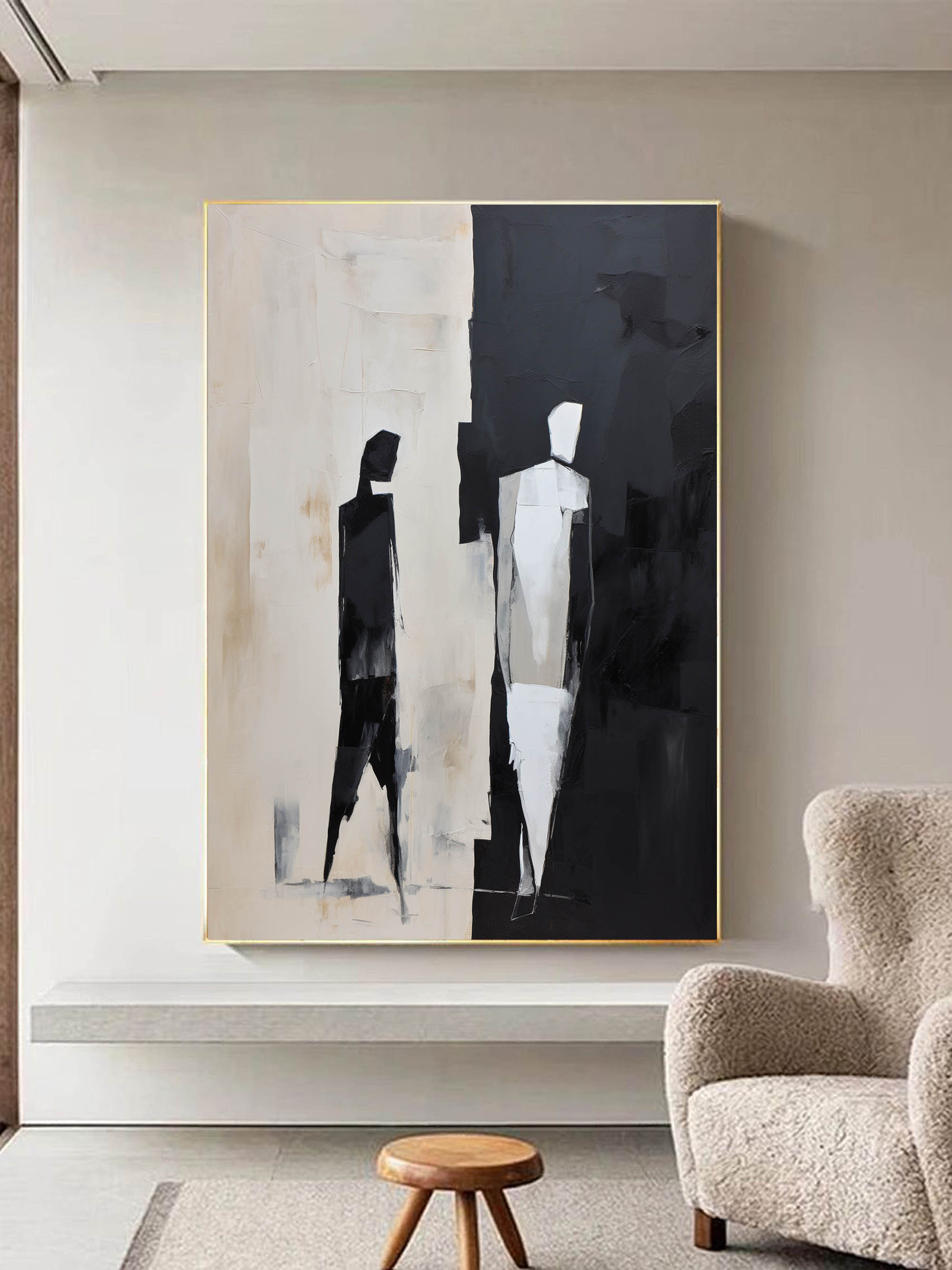 Black and Beige Minimalist Wall Art Decor Black and Beige Minimalist Art People Back Abstract Art Black and Beige Abstract Canvas Painting