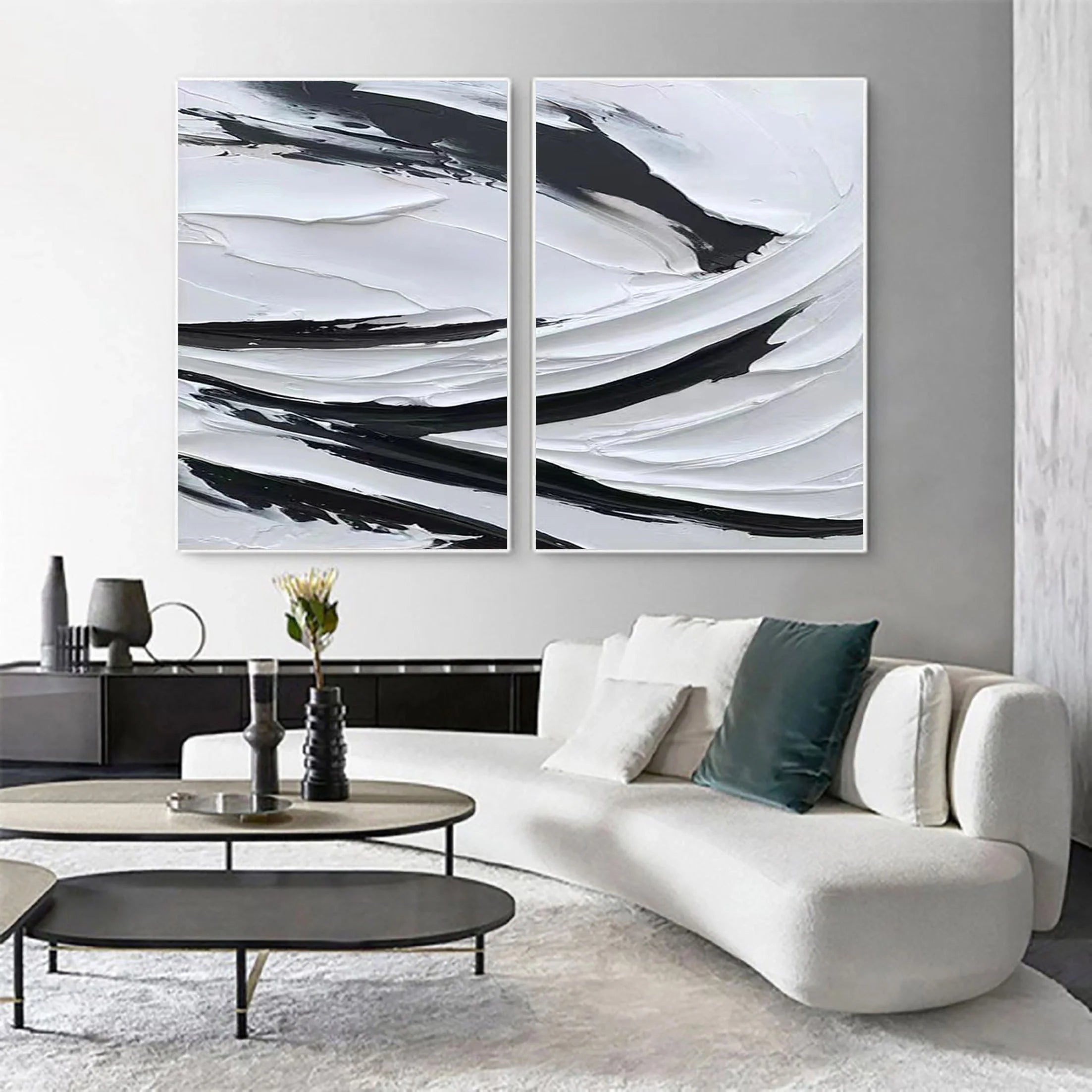 Set of 2 Plaster Art Painting Black and White Minimalistic Room Decor