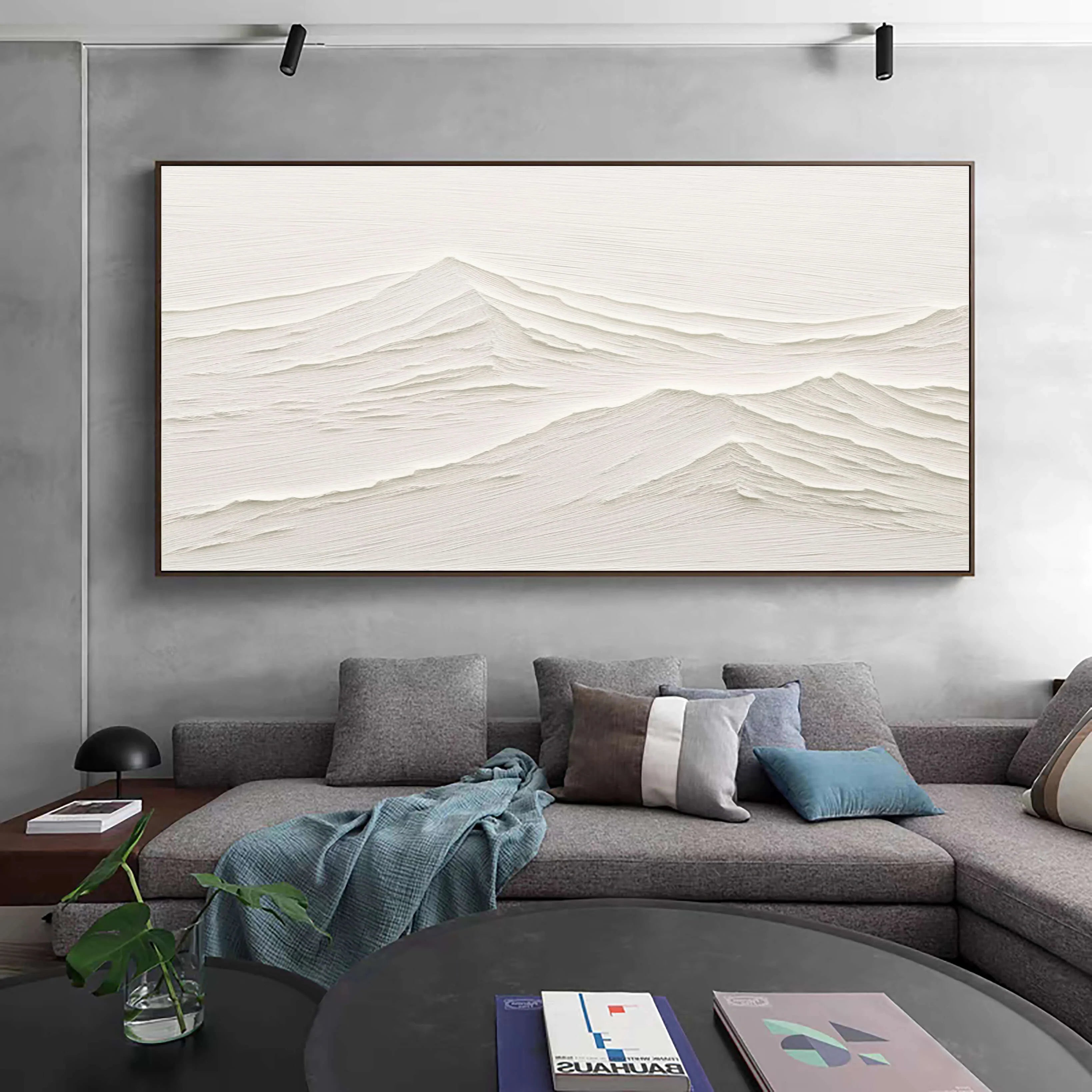 Hand-Painted Landscape Beige Plaster Art Framed Canvas Painting, Abstract Minimalist for Living Room