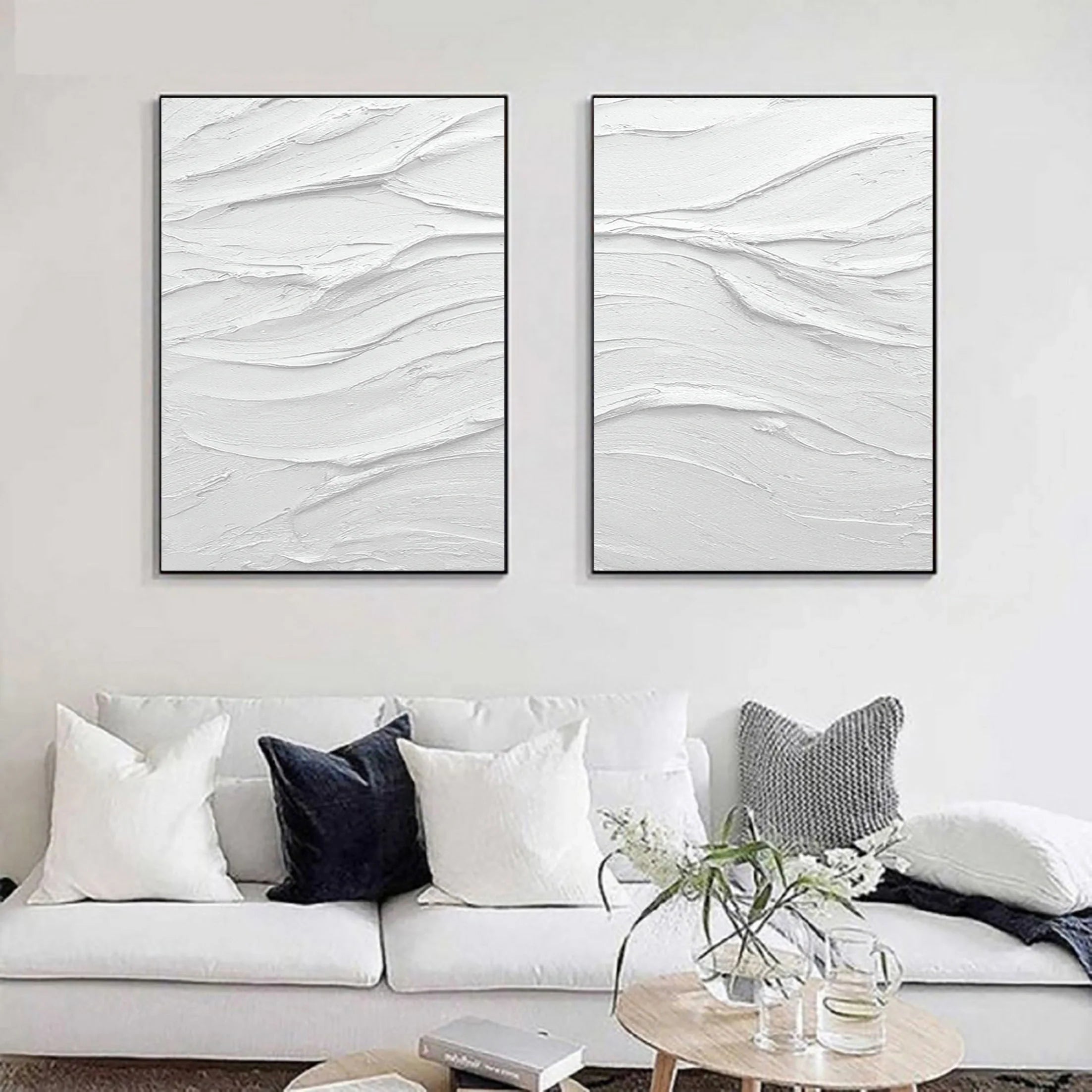 Set of 2 White Plaster Art Textured Painting Original Minimalistic