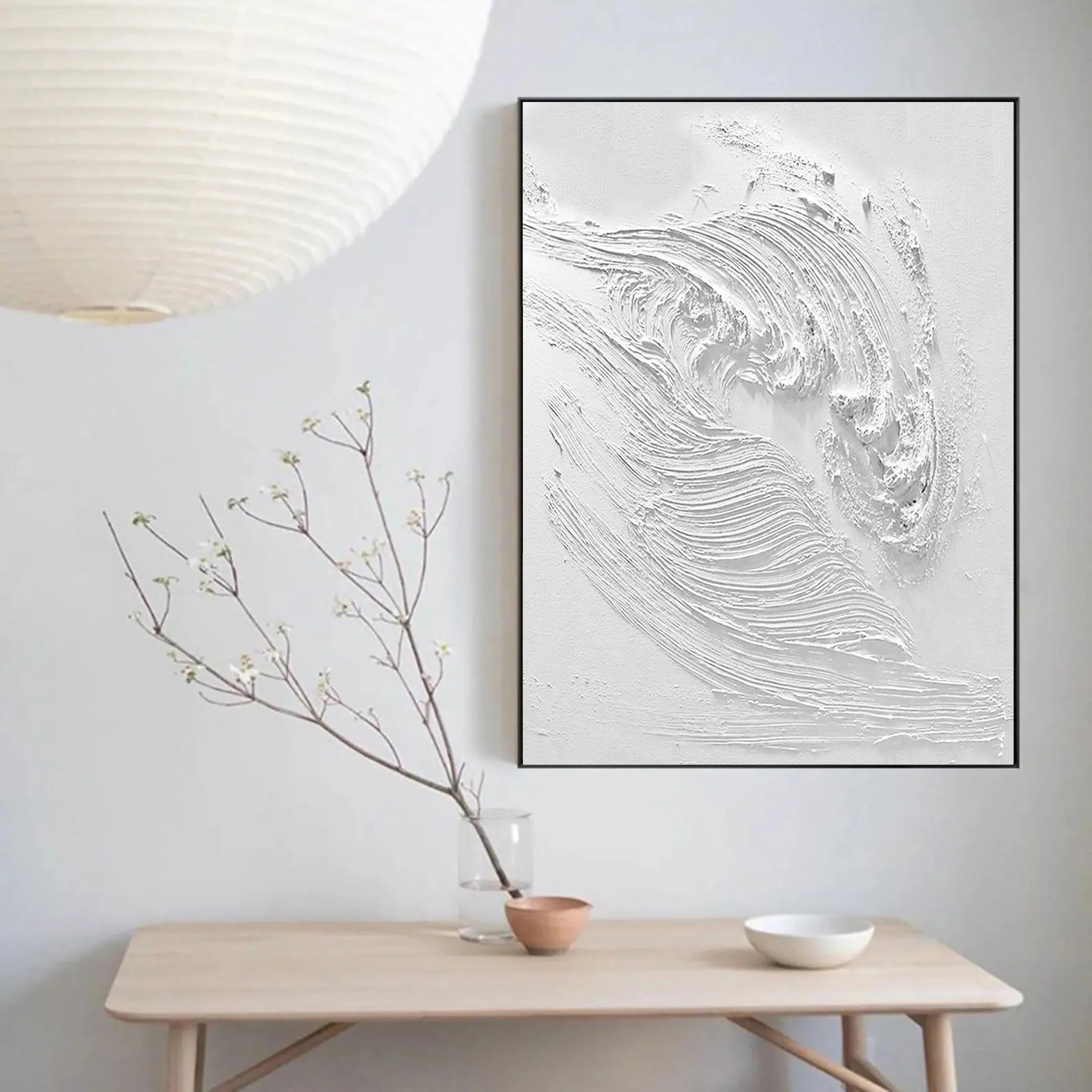 White Ocean Waves Textured Plaster Art Painting, Minimalist Wall Artwork for Room Decor